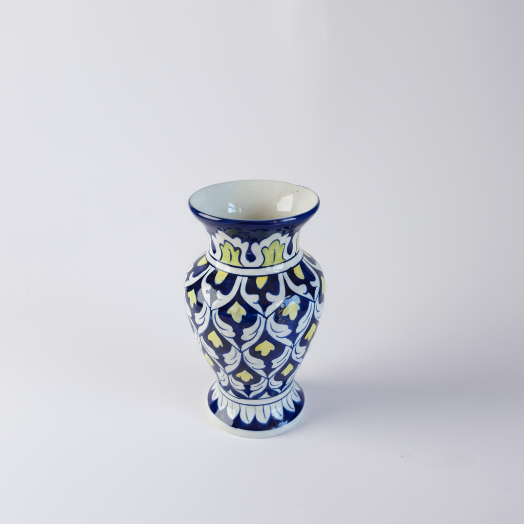 Handmade Blue Pottery Yellow Accent Traditional Vase – 9-Inch Ceramic