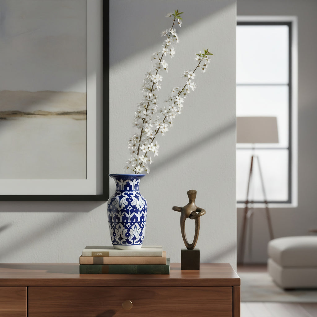 Handmade Blue Pottery Midnight Arabesque Traditional Vase – 9 Inch Ceramic