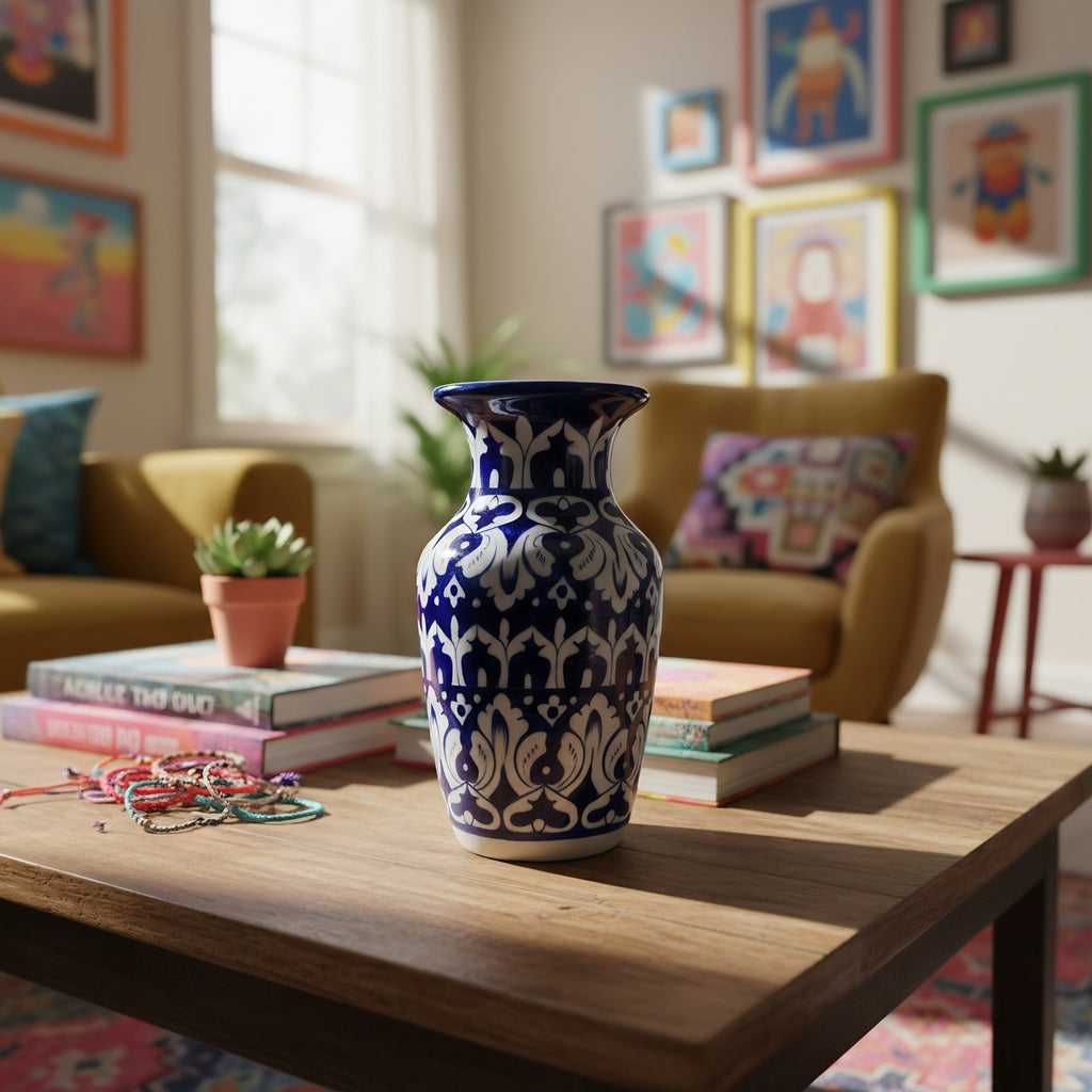 Handmade Blue Pottery Midnight Arabesque Traditional Vase – 9 Inch Ceramic