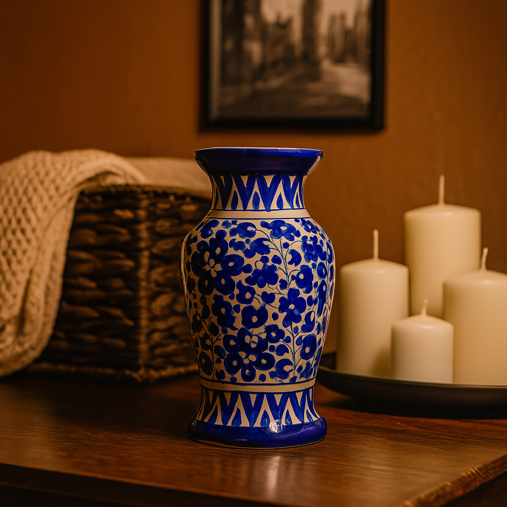 Multani Blue Pottery Vase – 9" Handcrafted Traditional Ceramic with Tulip Motif