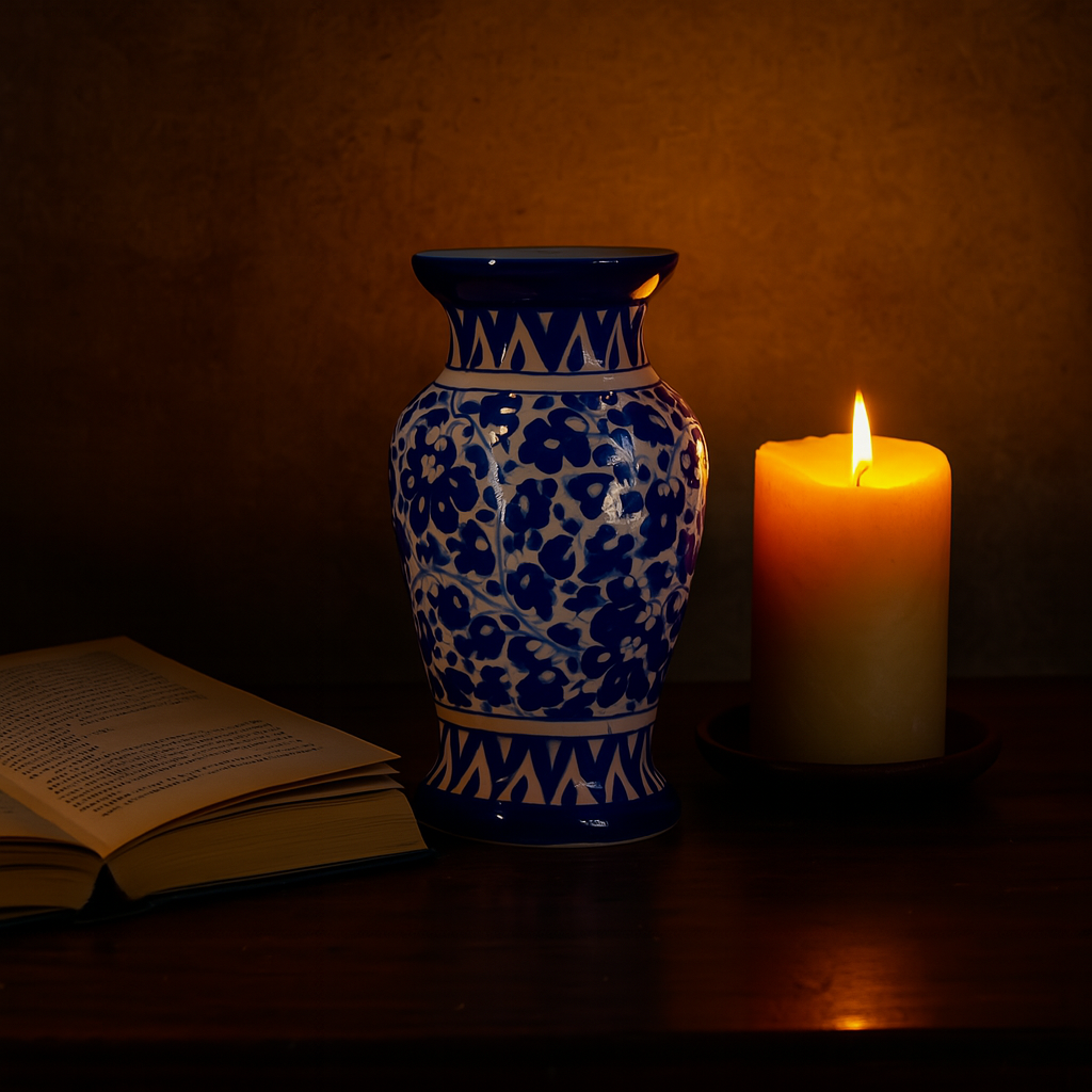 Multani Blue Pottery Vase – 9" Handcrafted Traditional Ceramic with Tulip Motif