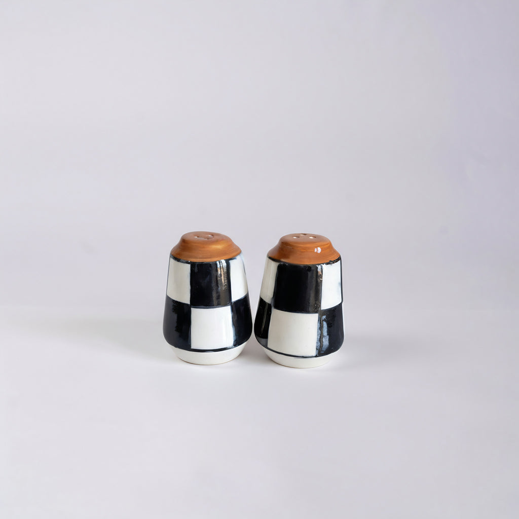 Blue Pottery Salt & Pepper Shaker Set — 2.5″ Multani Ceramic (Checkerboard Design)