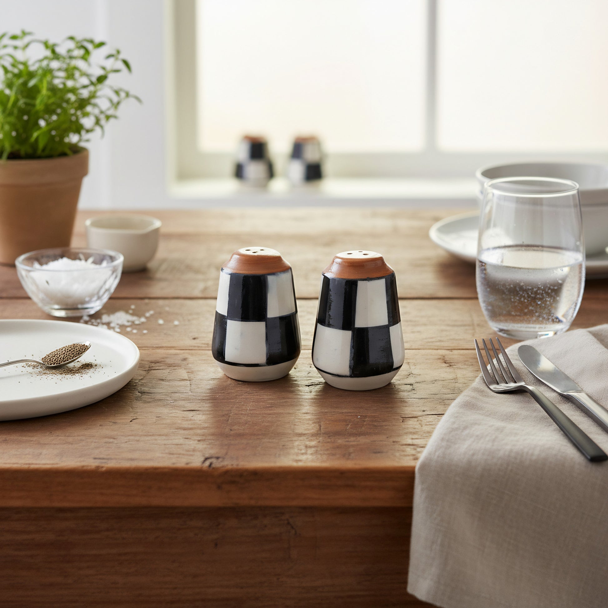 Blue Pottery Salt & Pepper Shaker Set — 2.5″ Multani Ceramic (Checkerboard Design)
