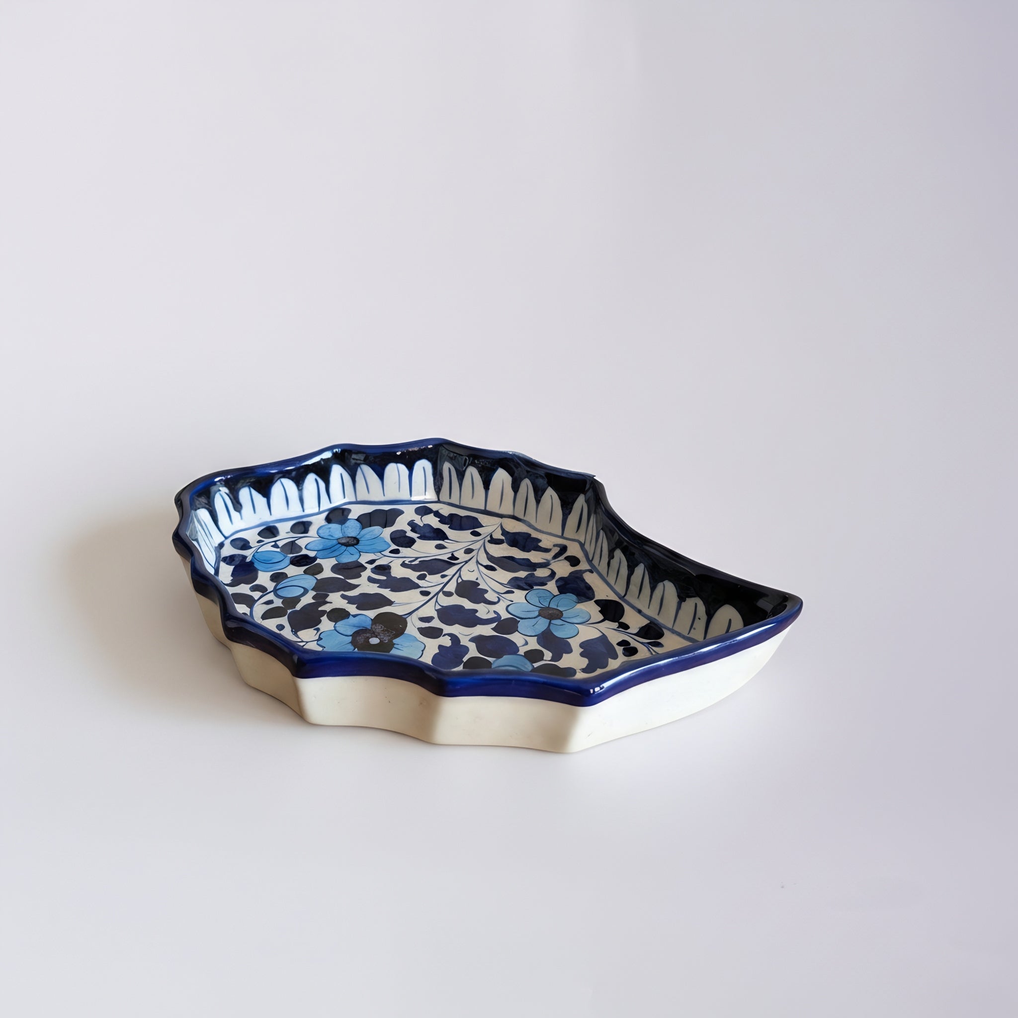 Cobalt Floral Scalloped Serving Dish — authentic blue pottery floral pattern detail — Craftan Pakistan