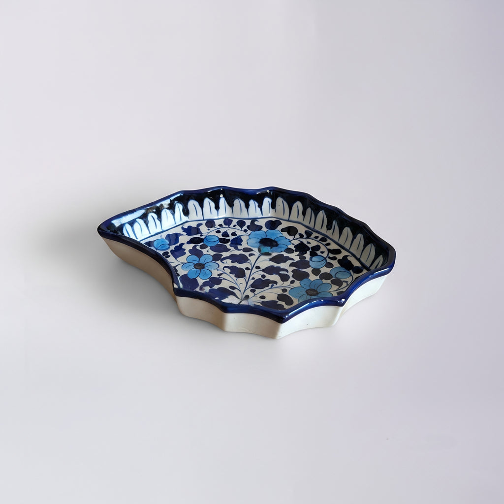 Cobalt Floral Scalloped Serving Dish — handmade Multani blue pottery — Craftan Pakistan