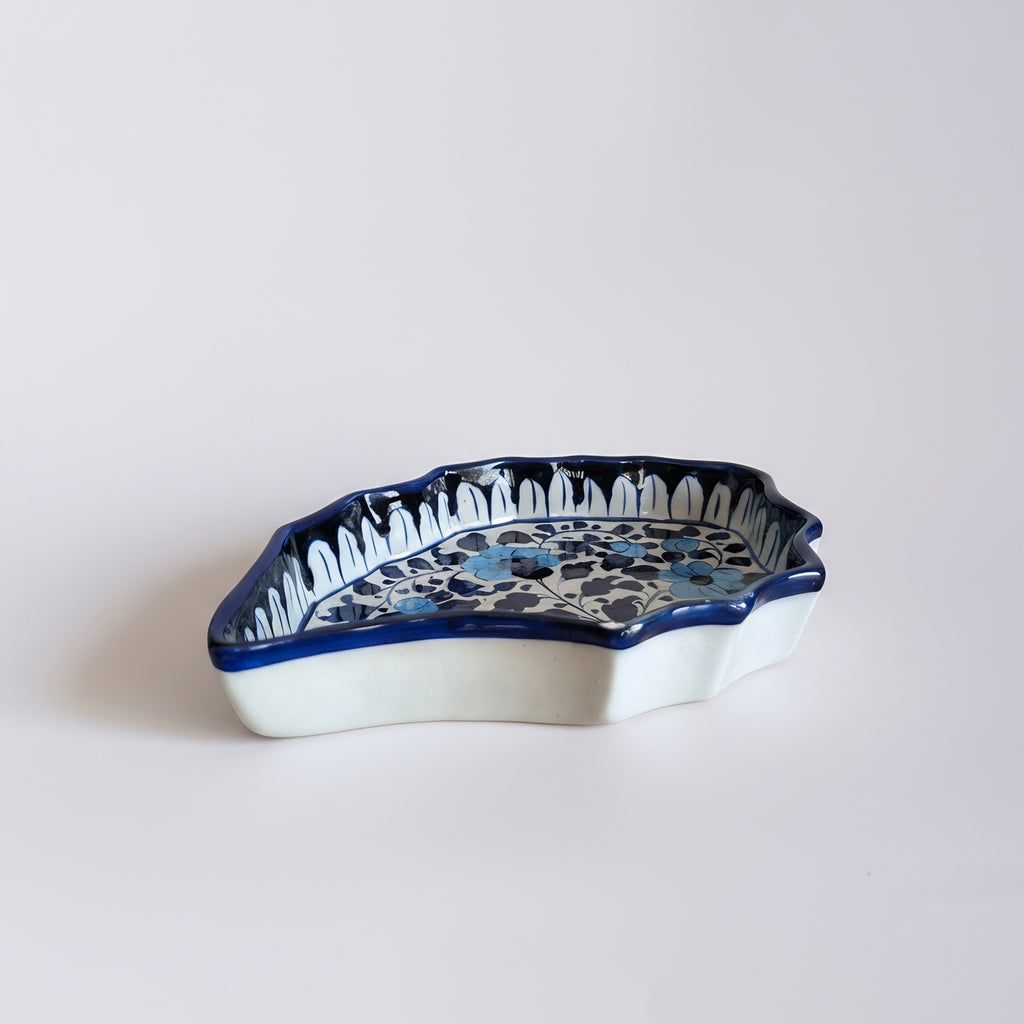 Cobalt Floral Scalloped Serving Dish — handmade blue pottery serving piece — Craftan Pakistan