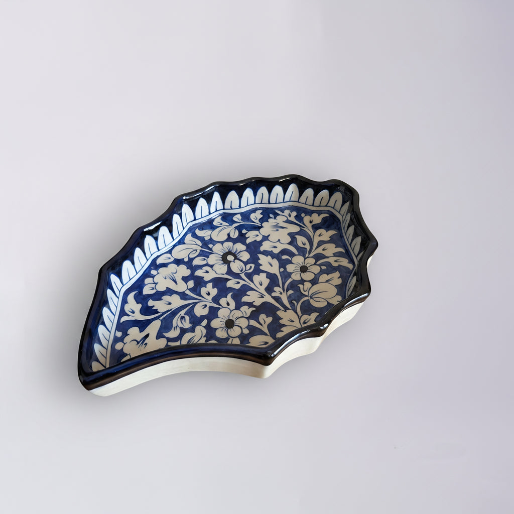 Multani blue pottery serving tray with delicate floral scalloped edges