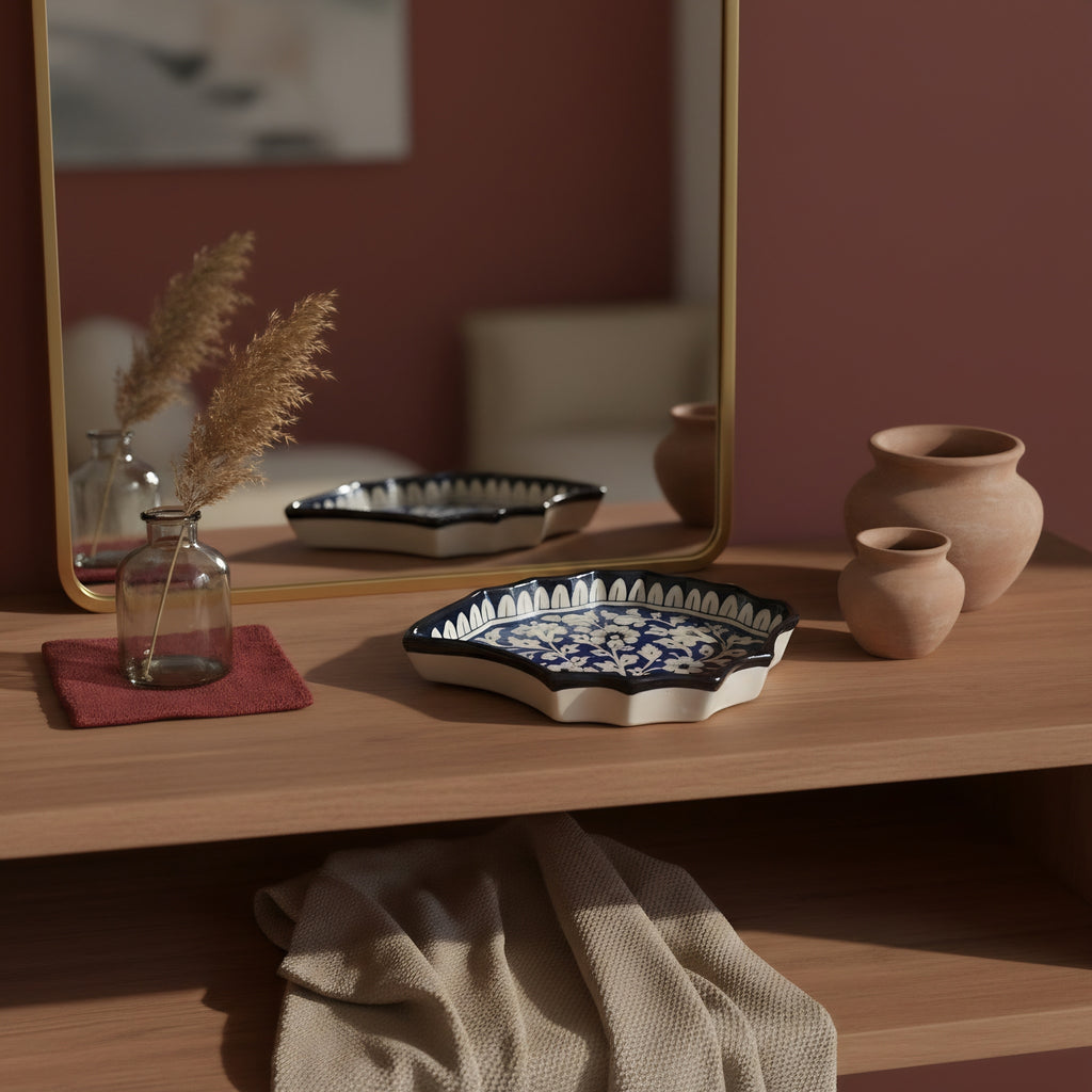 Handmade scalloped serving tray showcasing authentic Multani blue pottery craftsmanship