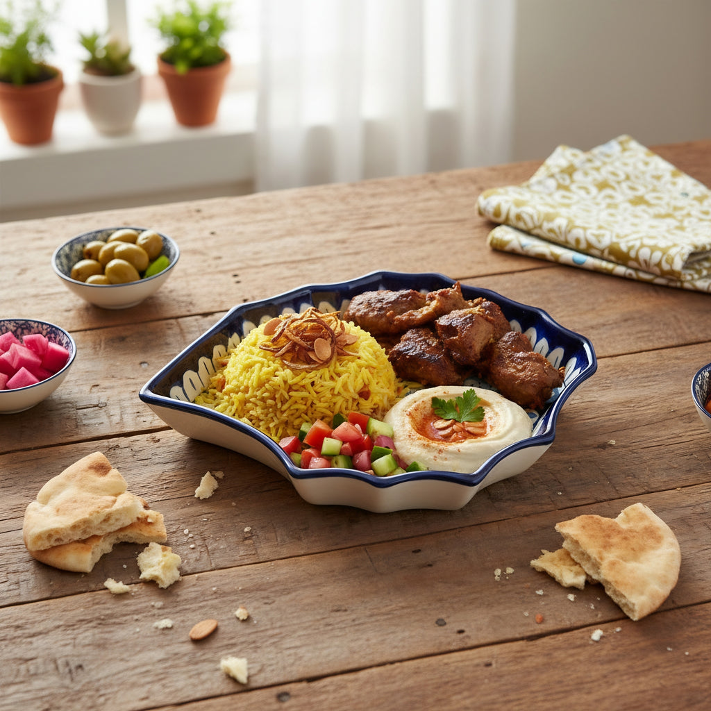 Traditional Pakistani serving dish with layered blue botanical pattern detailing