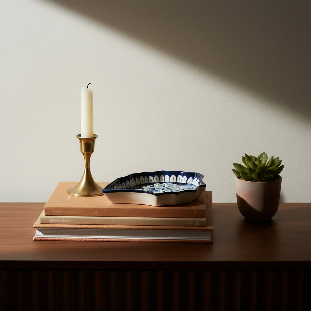 Multani blue ceramic tray displaying delicate hand-painted floral designs — authentic craft