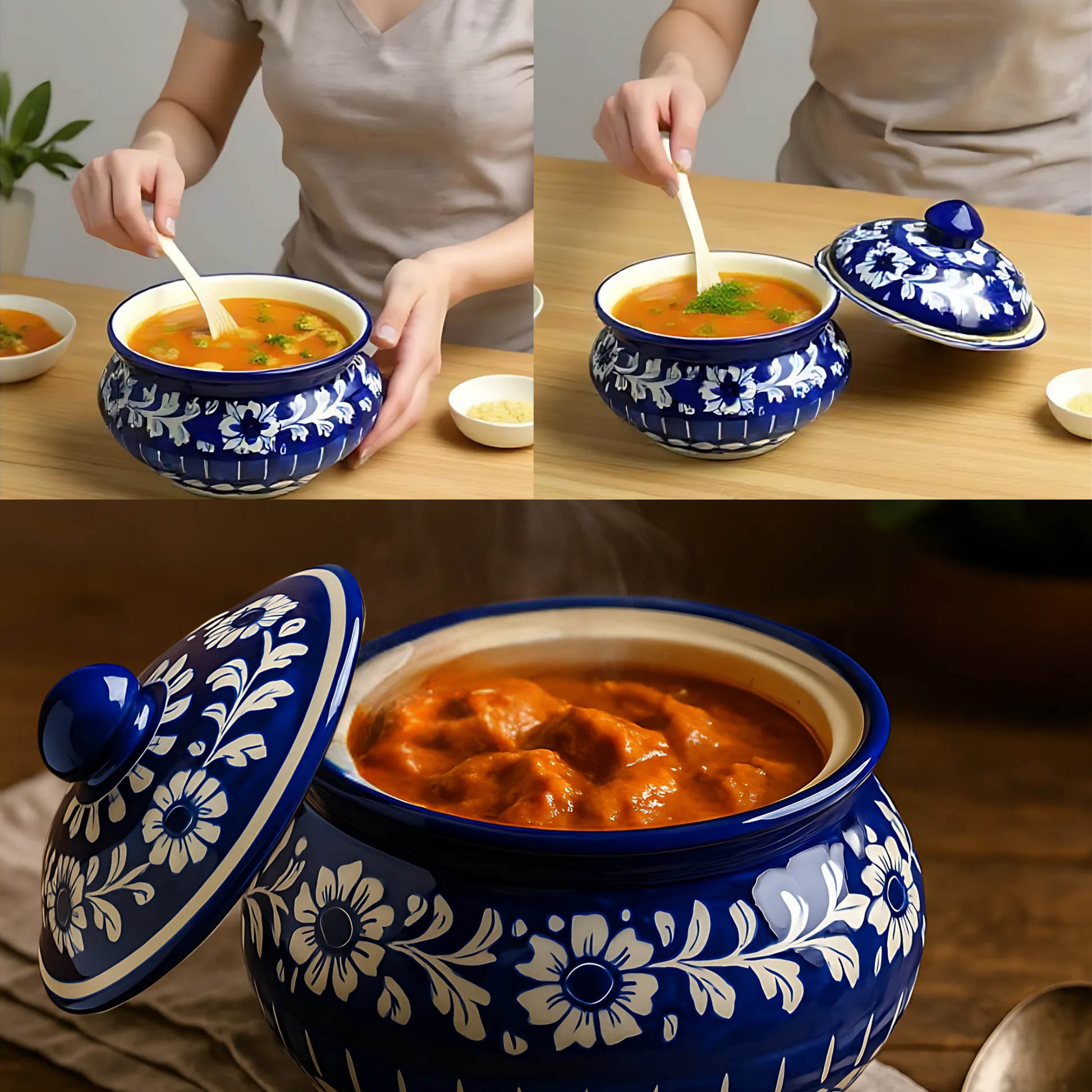 Blue and white ceramic multani blue pottery pot with floral patterns filled with soup, being stirred.