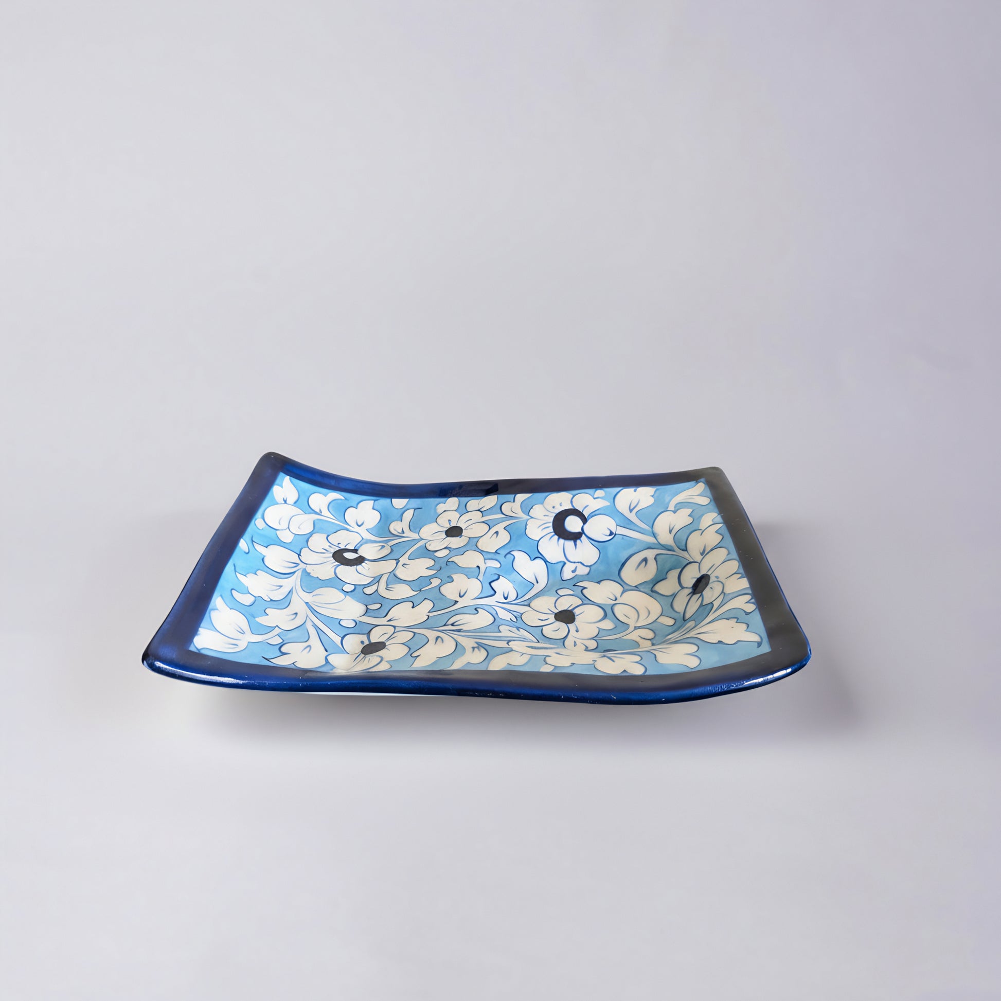 Blue Pottery Wavy Serving Tray — 7″ × 5″ Multani Ceramic (Sky Floral with Cup Crater)