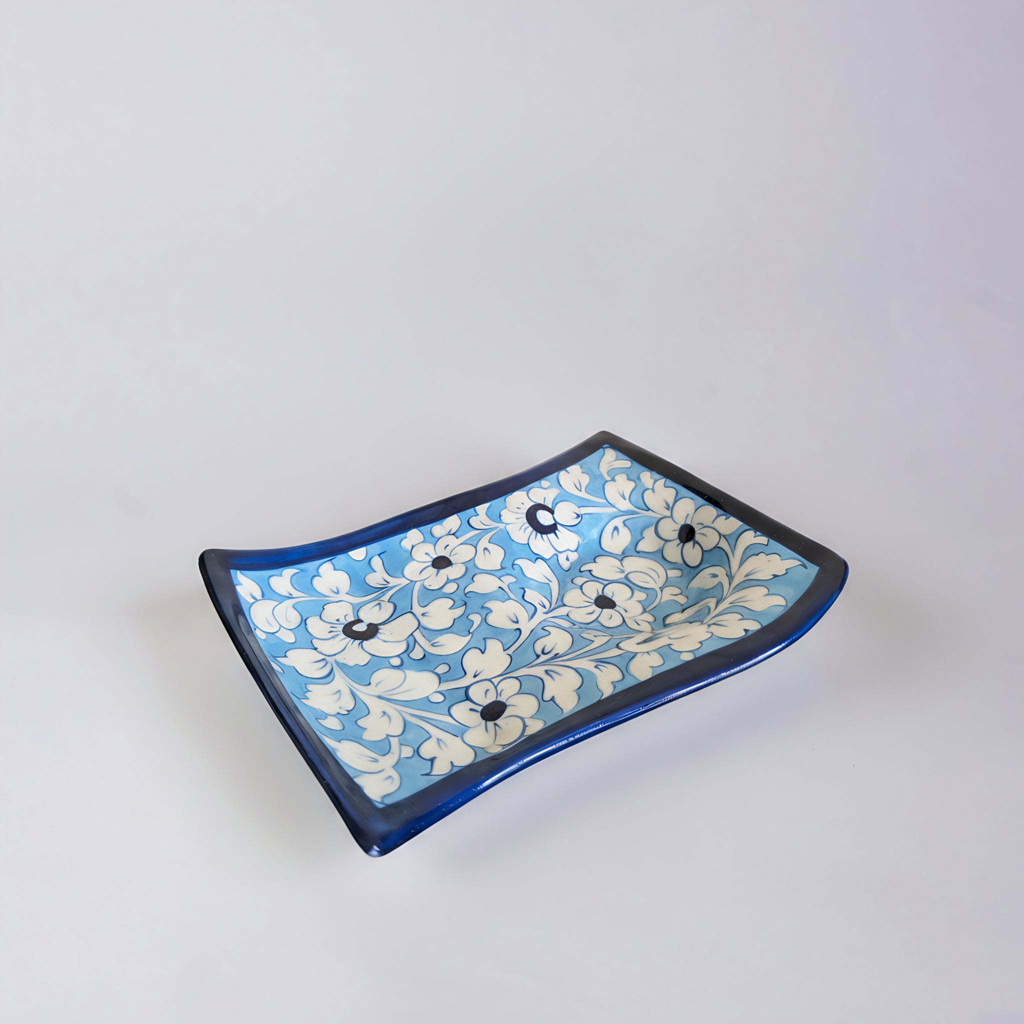 Blue Pottery Wavy Serving Tray — 7″ × 5″ Multani Ceramic (Sky Floral with Cup Crater)