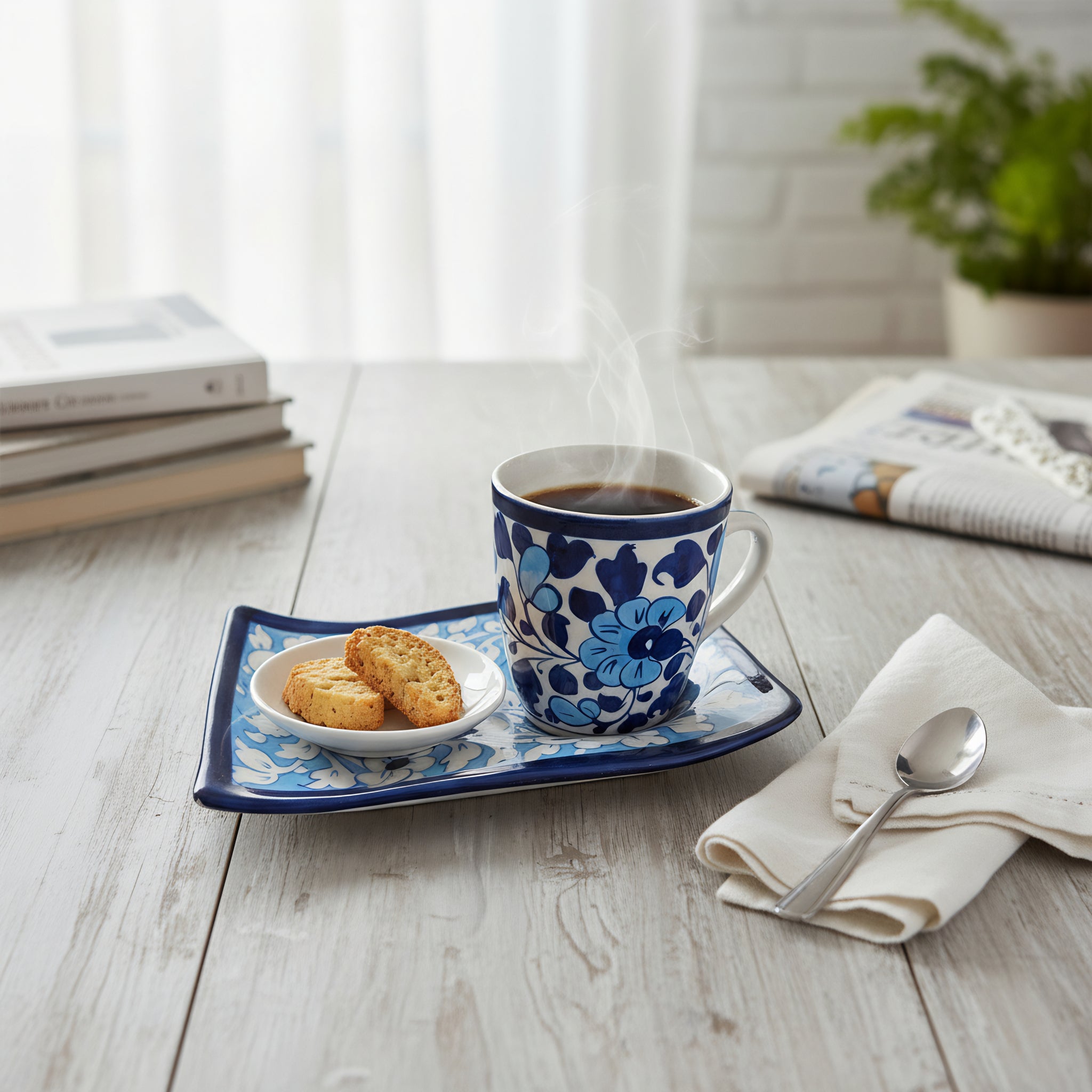 Blue Pottery Wavy Serving Tray — 7″ × 5″ Multani Ceramic (Sky Floral with Cup Crater)