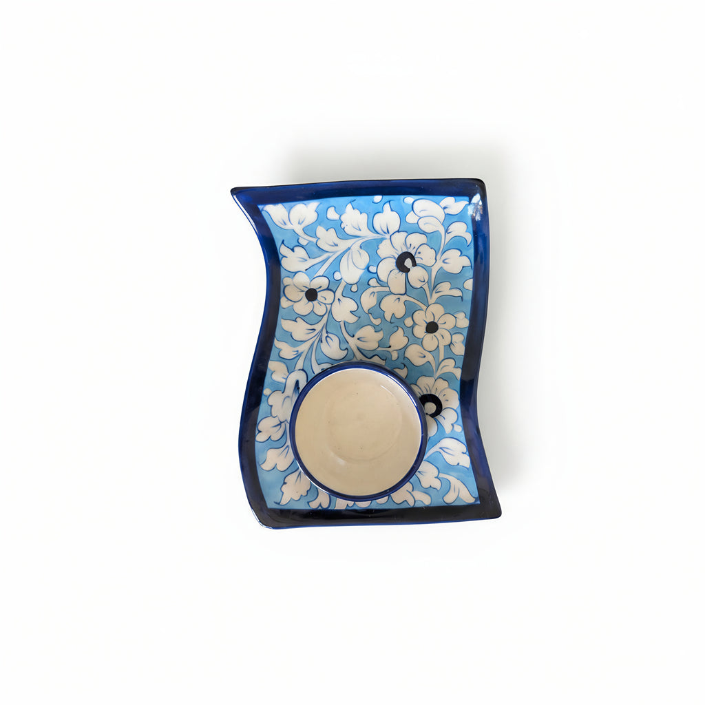 Blue Pottery Wavy Serving Tray — 7″ × 5″ Multani Ceramic (Sky Floral with Cup Crater)