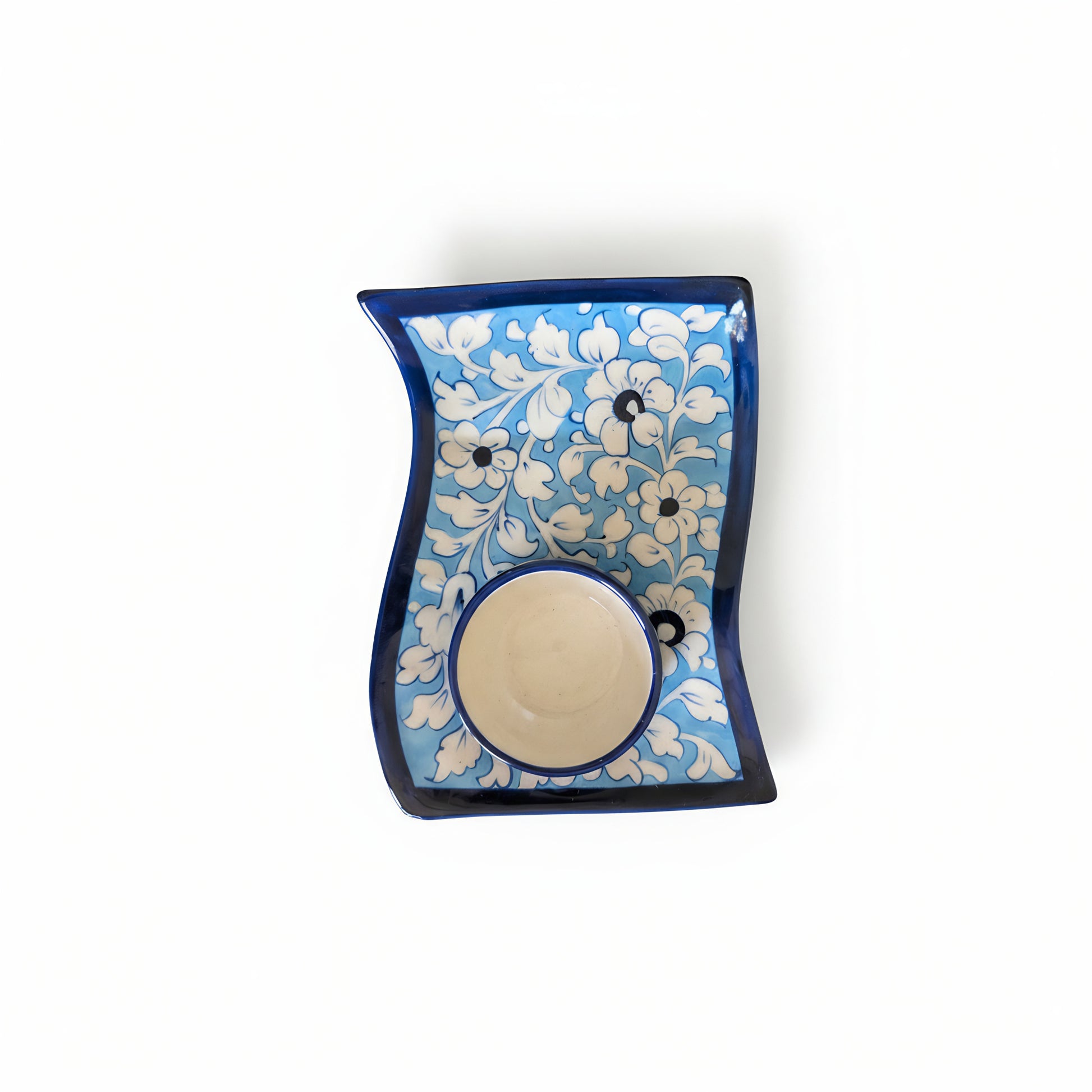 Blue Pottery Wavy Serving Tray — 7″ × 5″ Multani Ceramic (Sky Floral with Cup Crater)