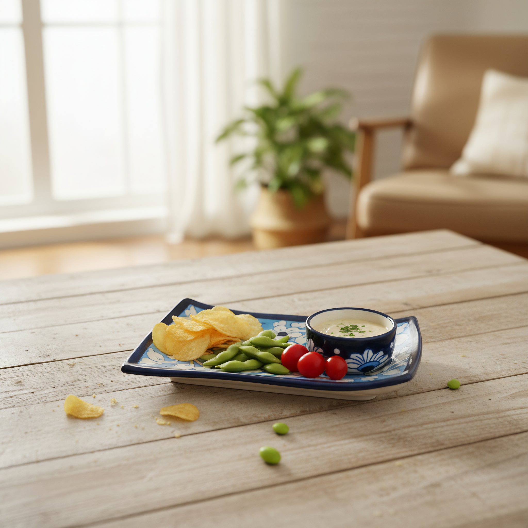 Blue Pottery Wavy Serving Tray — 7″ × 5″ Multani Ceramic (Sky Floral with Cup Crater)