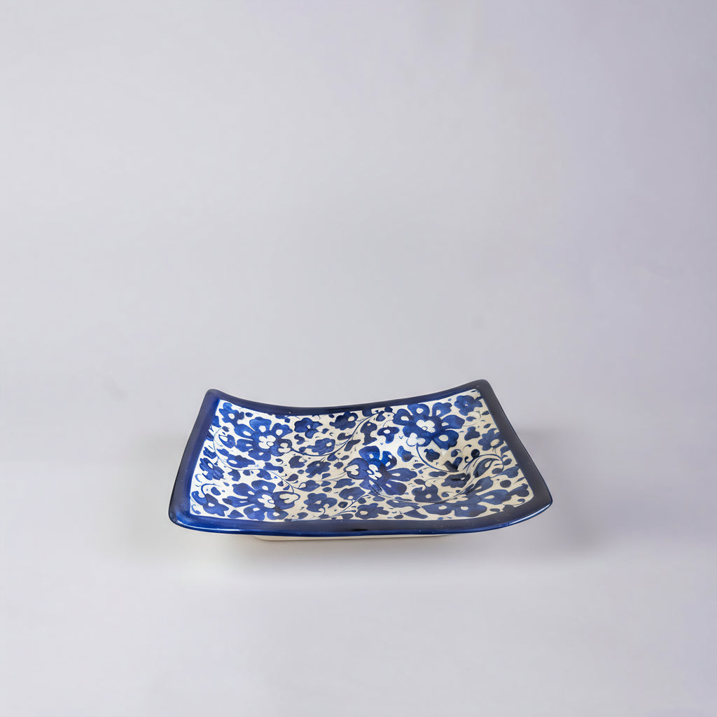 Blue Pottery Wavy Serving Tray — 7″ × 5″ Multani Ceramic (Navy Floral with Cup Crater)