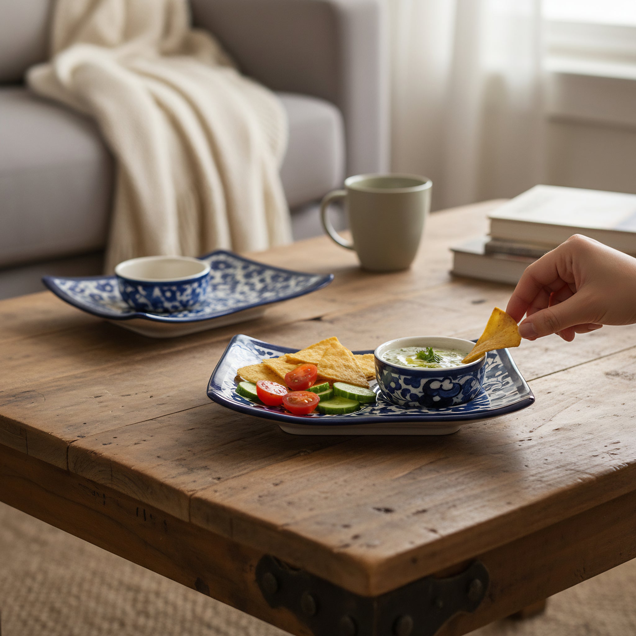 Blue Pottery Wavy Serving Tray — 7″ × 5″ Multani Ceramic (Navy Floral with Cup Crater)