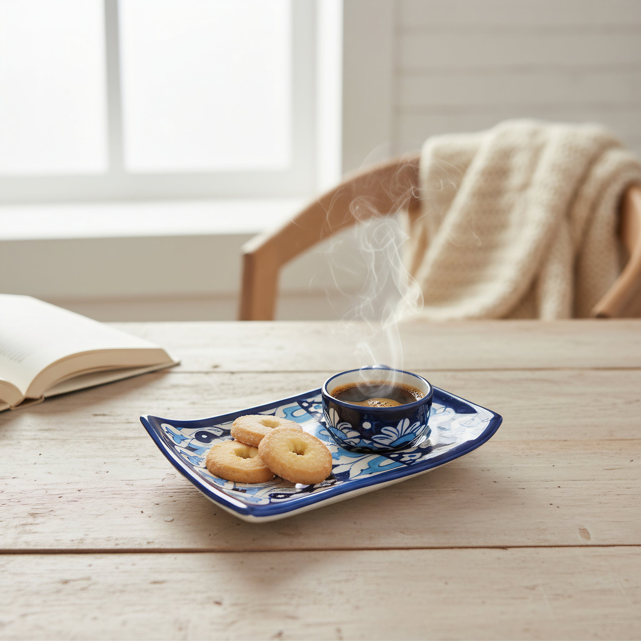 Blue Pottery Wavy Serving Tray — 7″ × 5″ Multani Ceramic (Bold Navy Vine Motif)