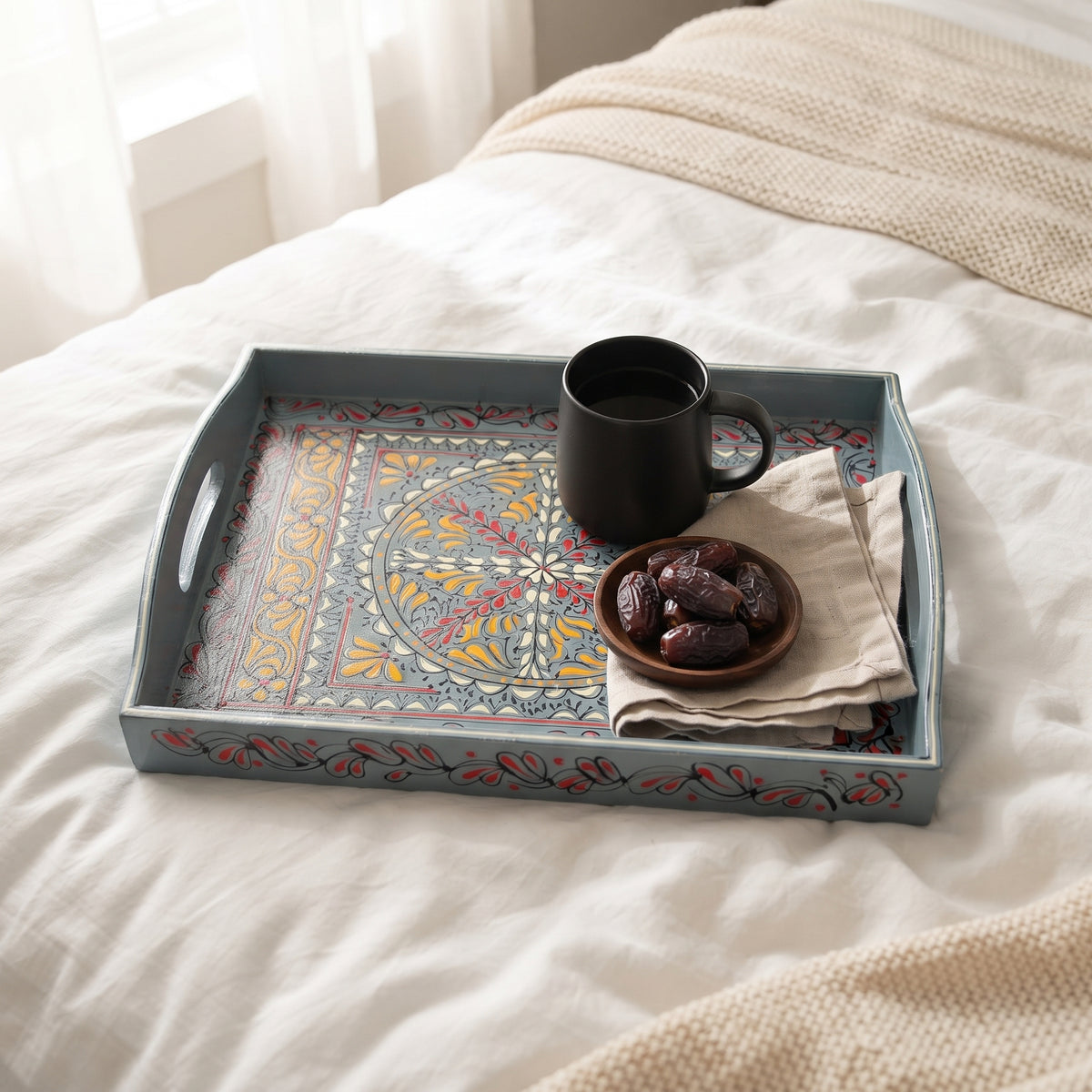 Dove Grey Swati Wooden Tray - 12x15 Inch Hand-Painted Medallion Serving Tray