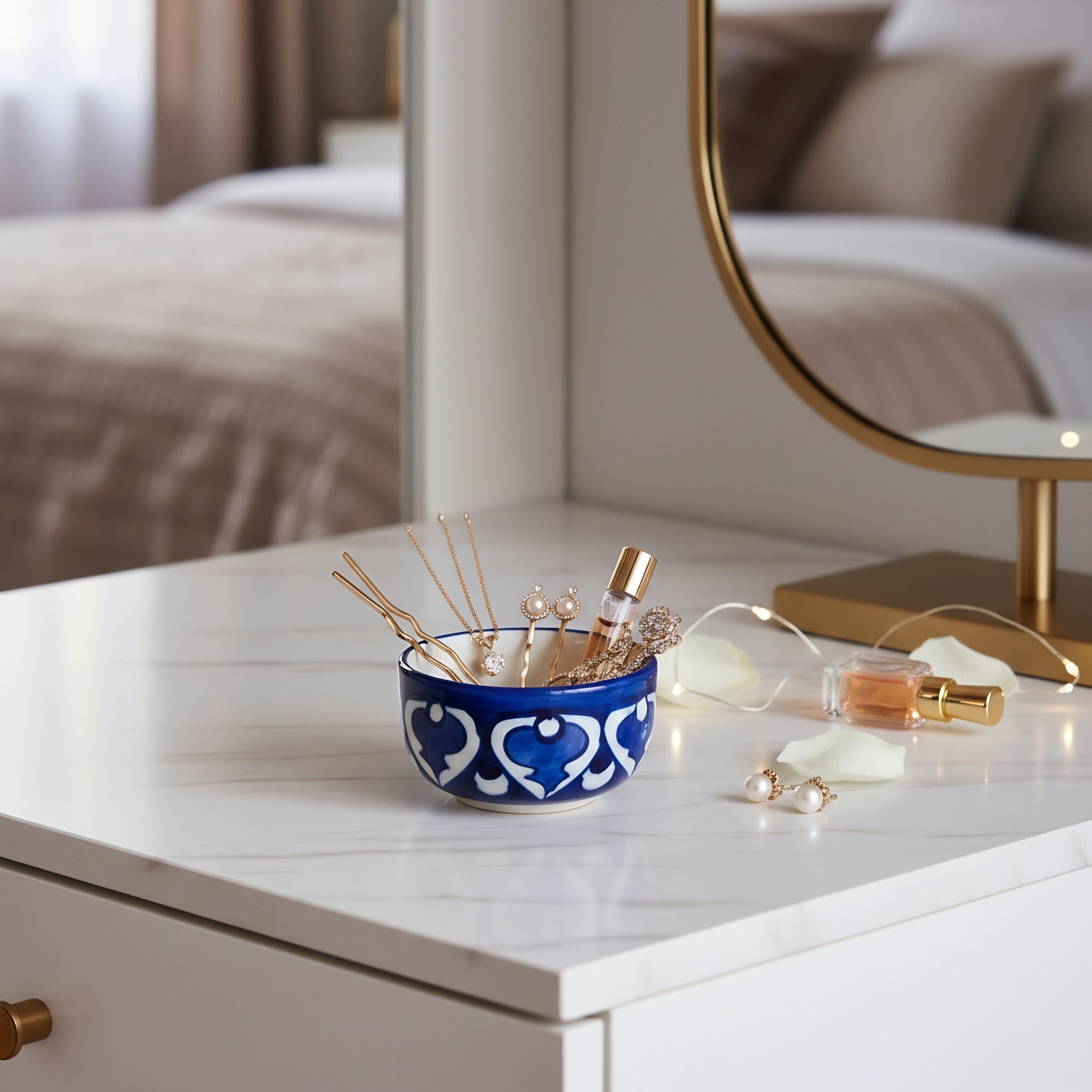 Pakistani ceramic serving bowl in cobalt blue with traditional arabesque design — Craftan Pakistan