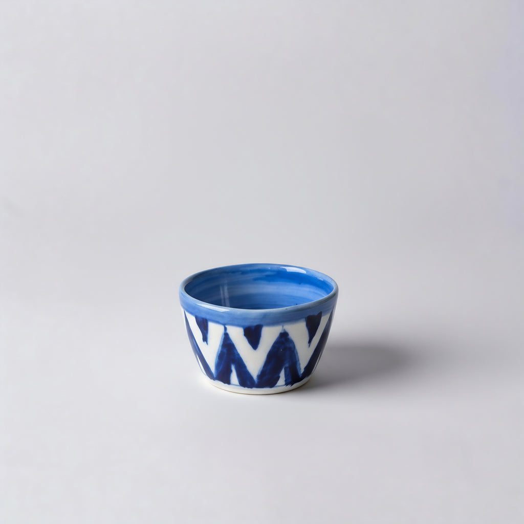 Hand-Painted Small Blue Pottery Bowl — 3″ Multani Chevron Ceramic Sauce/Jewelry Dish