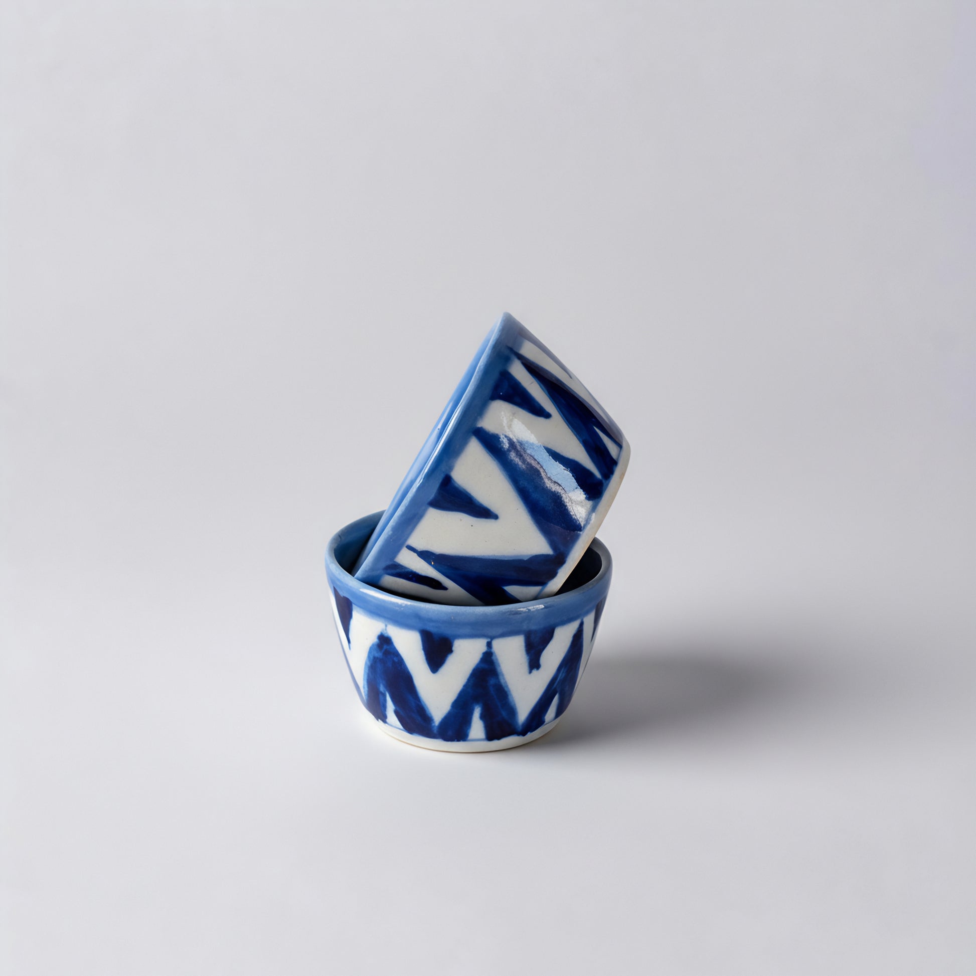 Hand-Painted Small Blue Pottery Bowl — 3″ Multani Chevron Ceramic Sauce/Jewelry Dish