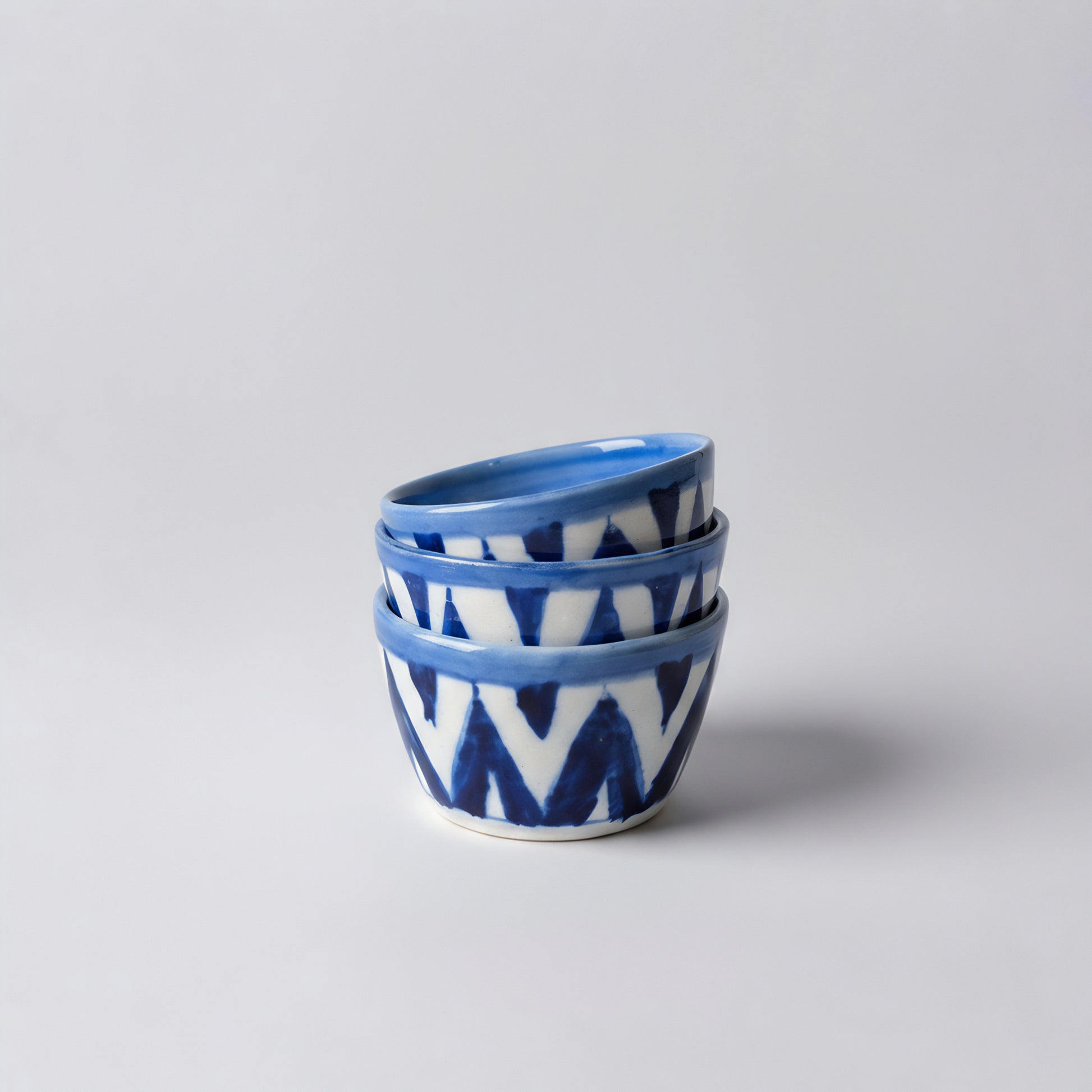 Hand-Painted Small Blue Pottery Bowl — 3″ Multani Chevron Ceramic Sauce/Jewelry Dish