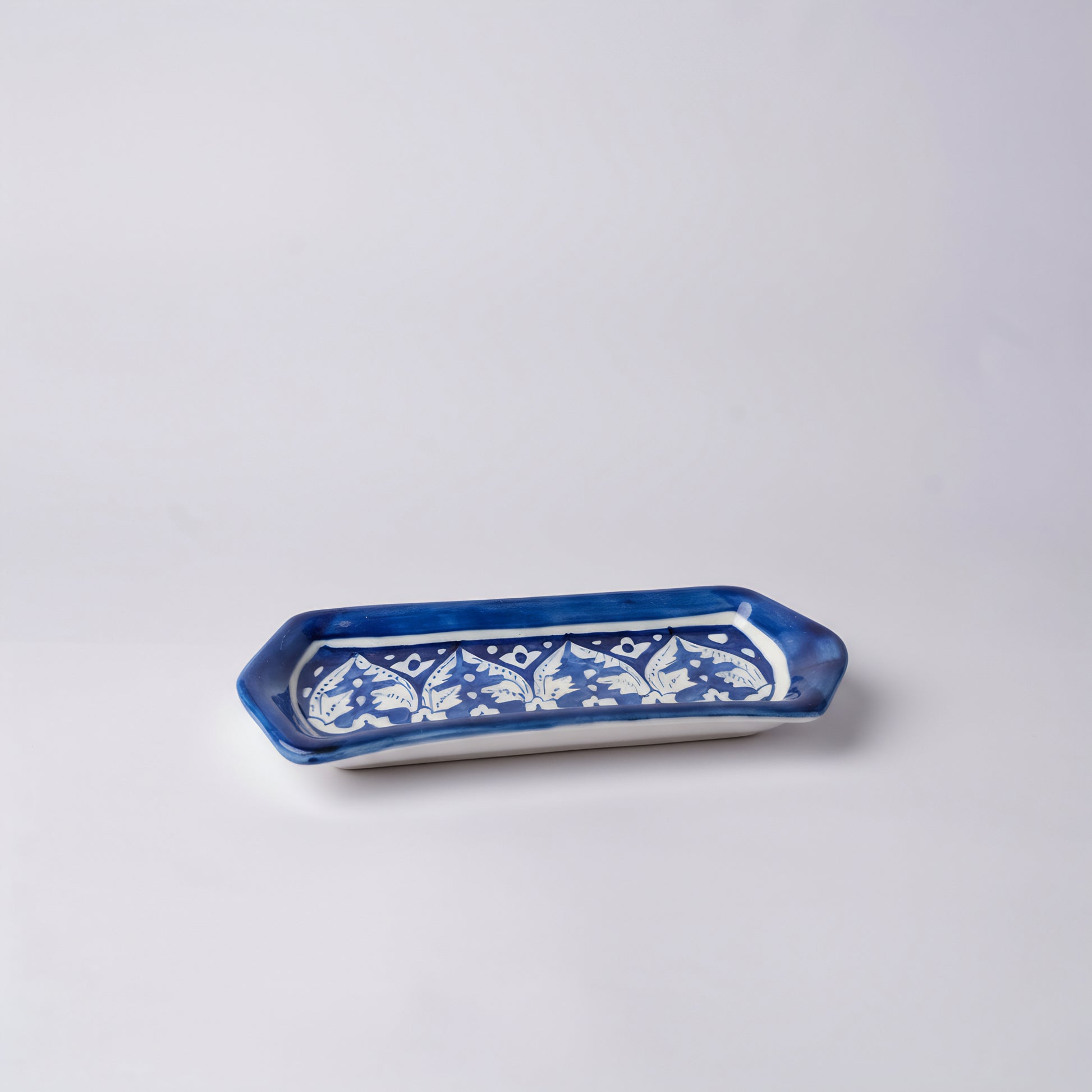 Blue Pottery Rectangular Dish — 6″ × 2″ Multani Ceramic (Floral Leaf Motif)