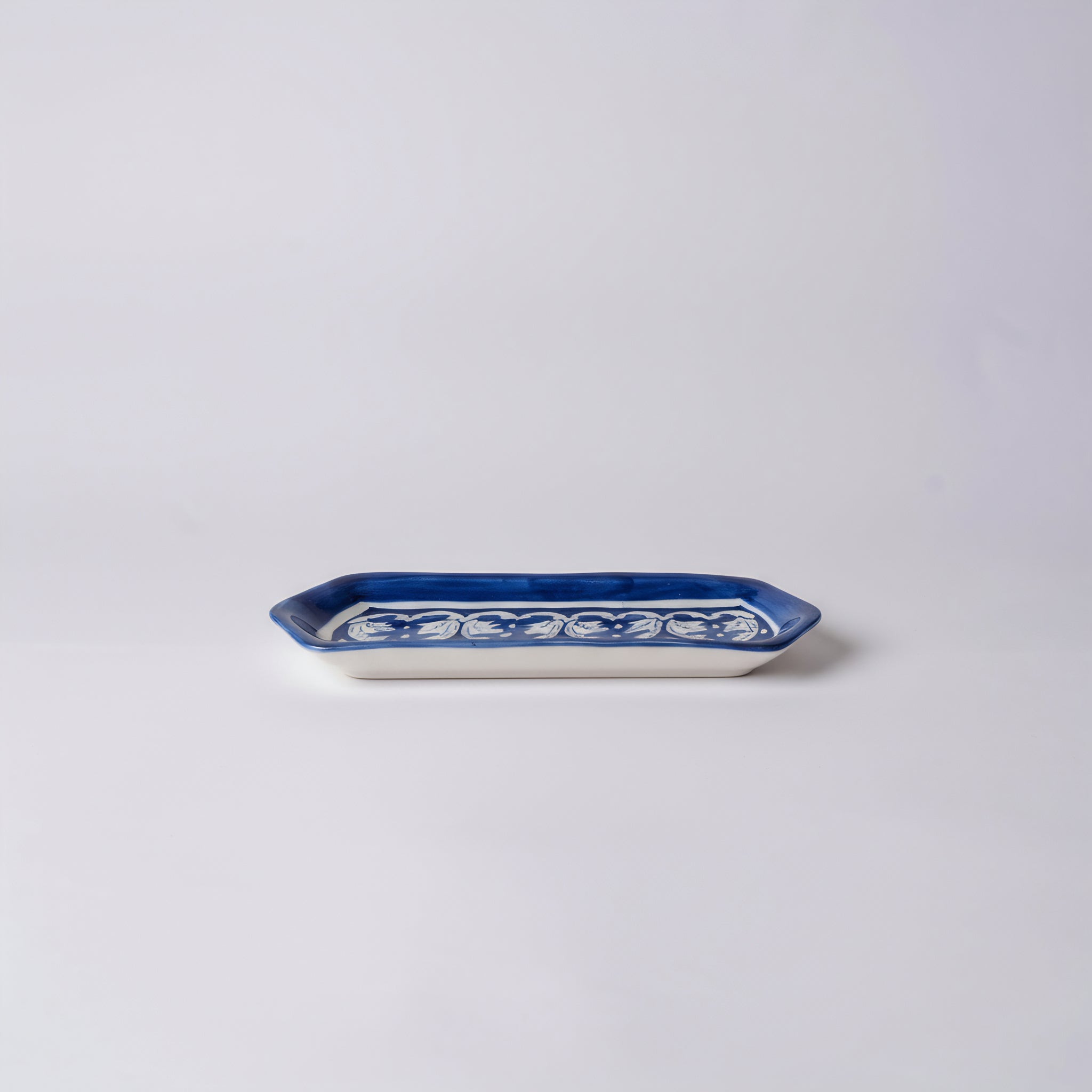 Blue Pottery Rectangular Dish — 6″ × 2″ Multani Ceramic (Floral Leaf Motif)