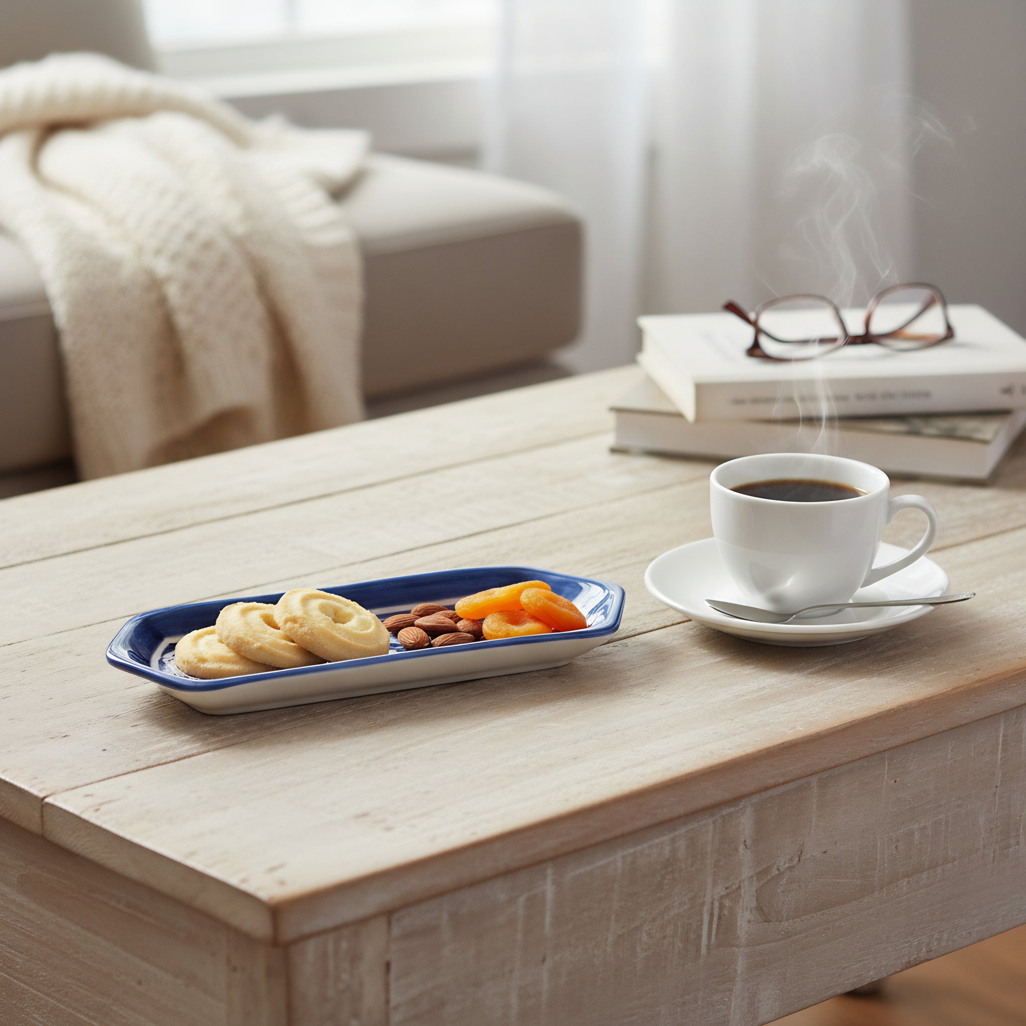 Blue Pottery Rectangular Dish — 6″ × 2″ Multani Ceramic (Floral Leaf Motif)