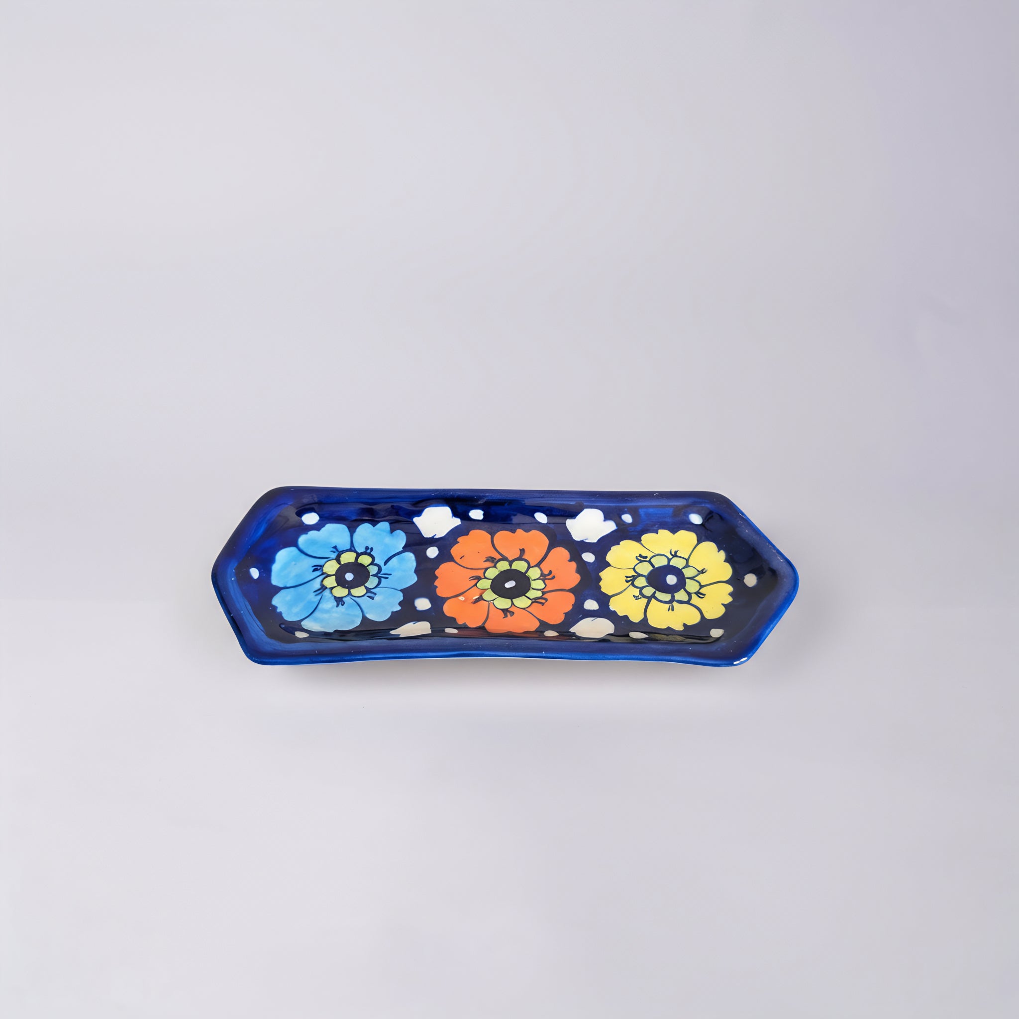 Blue Pottery Rectangular Dish — 6″ × 2″ Multani Ceramic (Colorful Floral Design)