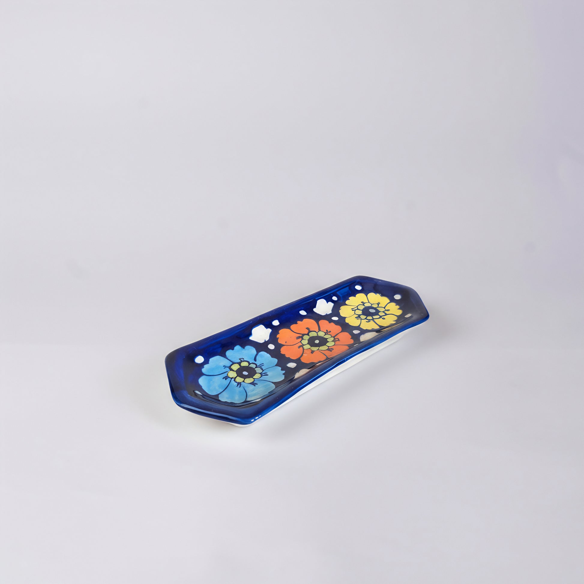 Blue Pottery Rectangular Dish — 6″ × 2″ Multani Ceramic (Colorful Floral Design)