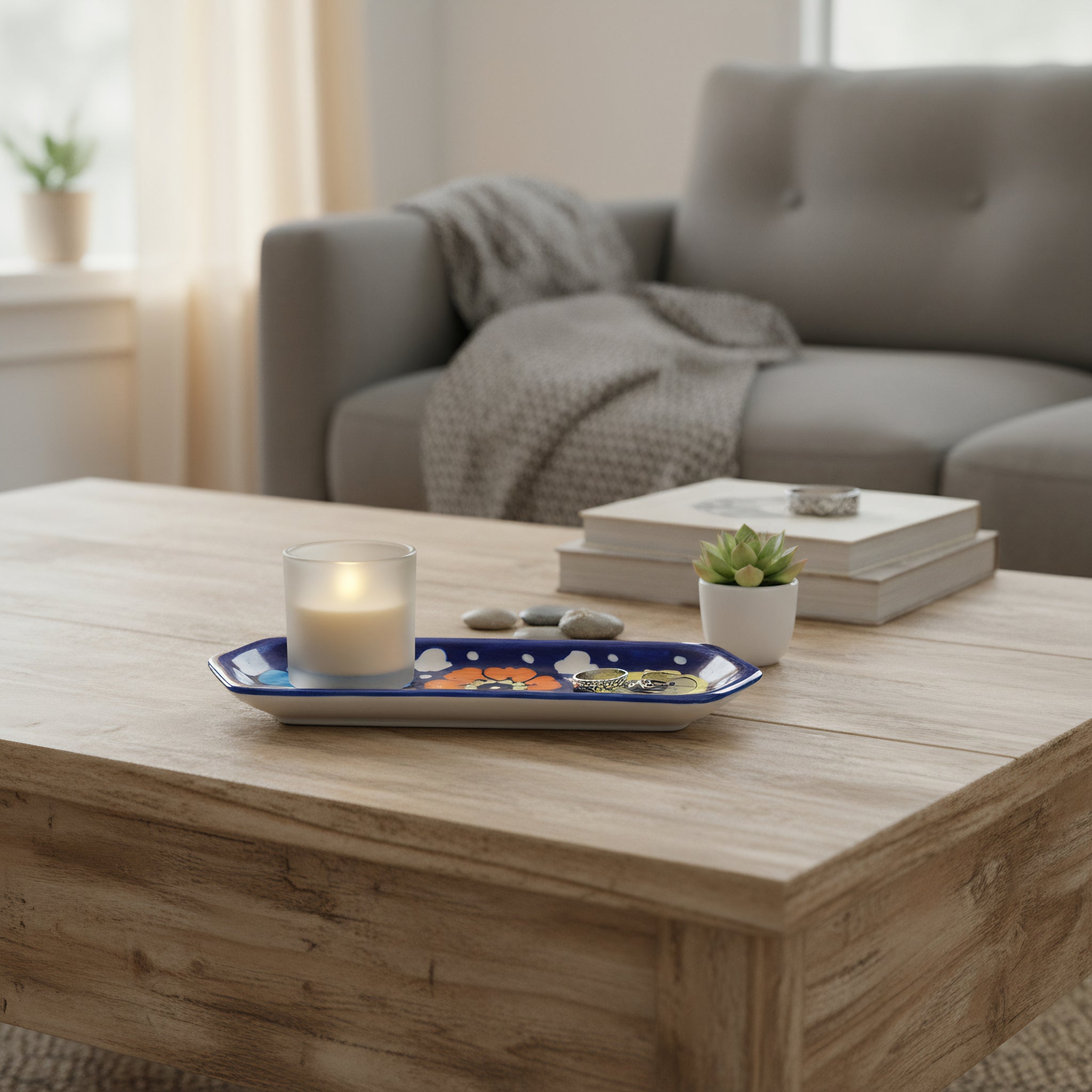 Blue Pottery Rectangular Dish — 6″ × 2″ Multani Ceramic (Colorful Floral Design)