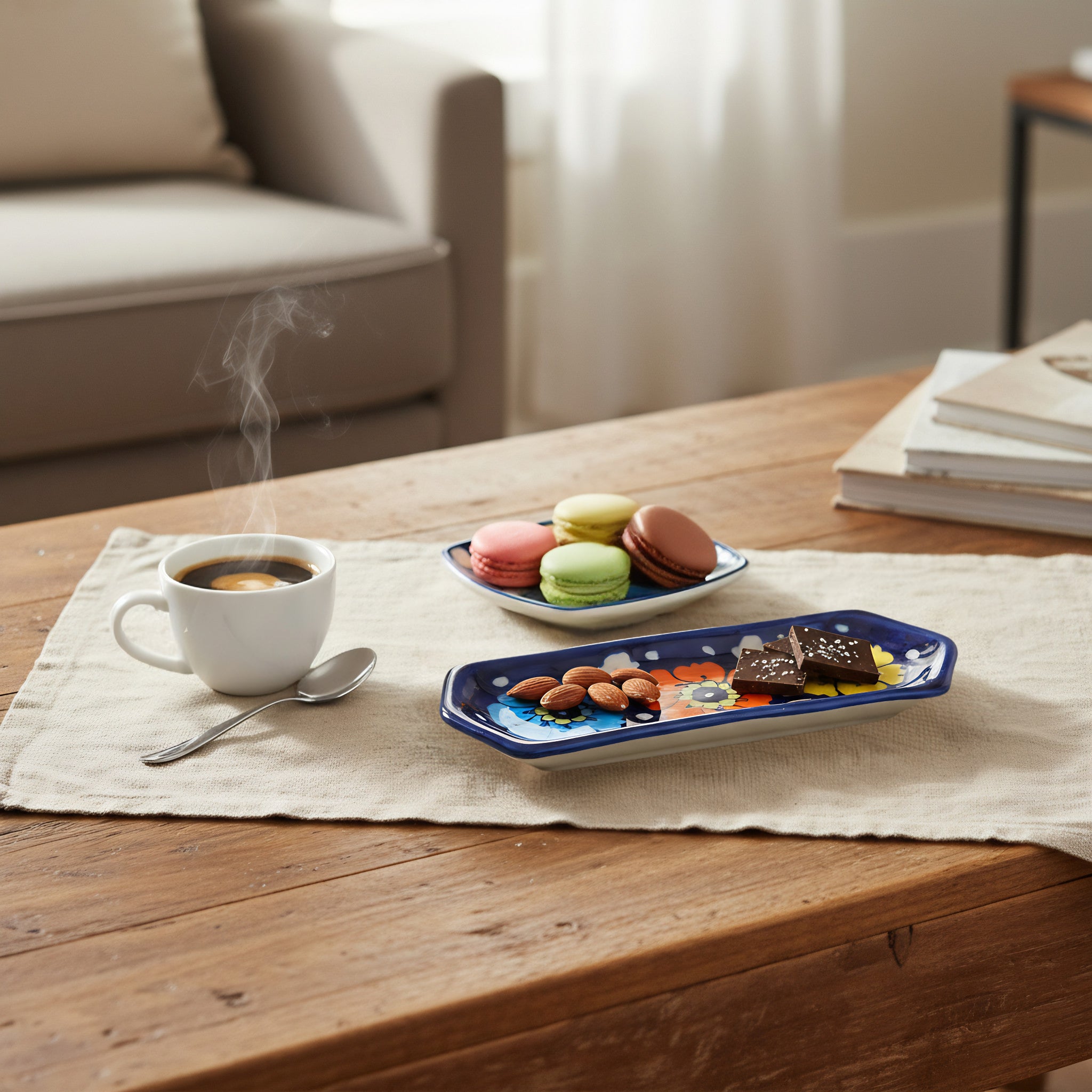 Blue Pottery Rectangular Dish — 6″ × 2″ Multani Ceramic (Colorful Floral Design)