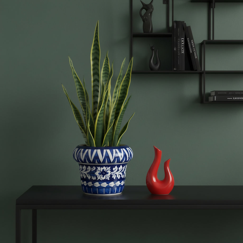 Handmade Blue Pottery Floral Planter – 5 Inch Ceramic