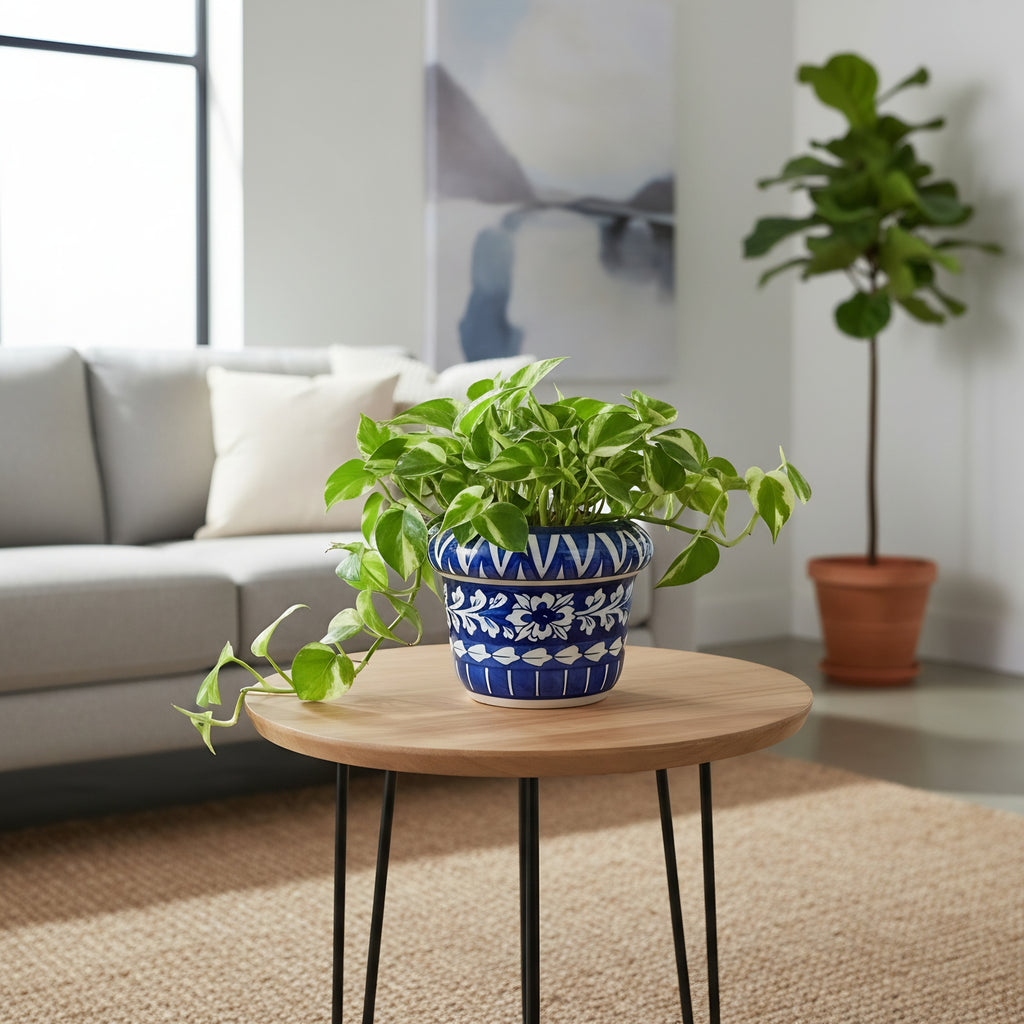 Handmade Blue Pottery Floral Planter – 5 Inch Ceramic