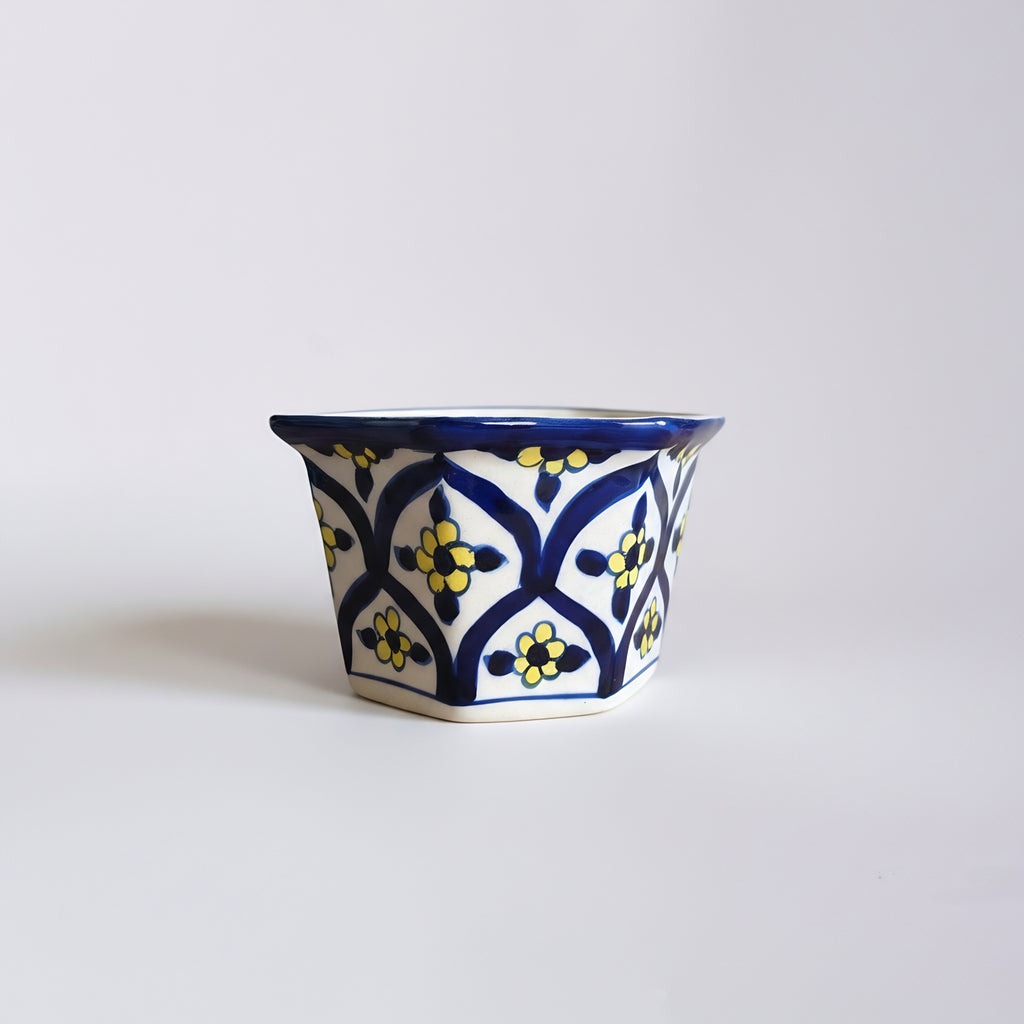Cobalt Yellow Floral Hexagonal Planter — handmade ceramic — Craftan Pakistan
