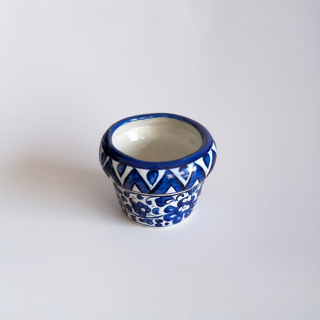 Blue pottery planter with cobalt floral design — handmade ceramic — Craftan Pakistan