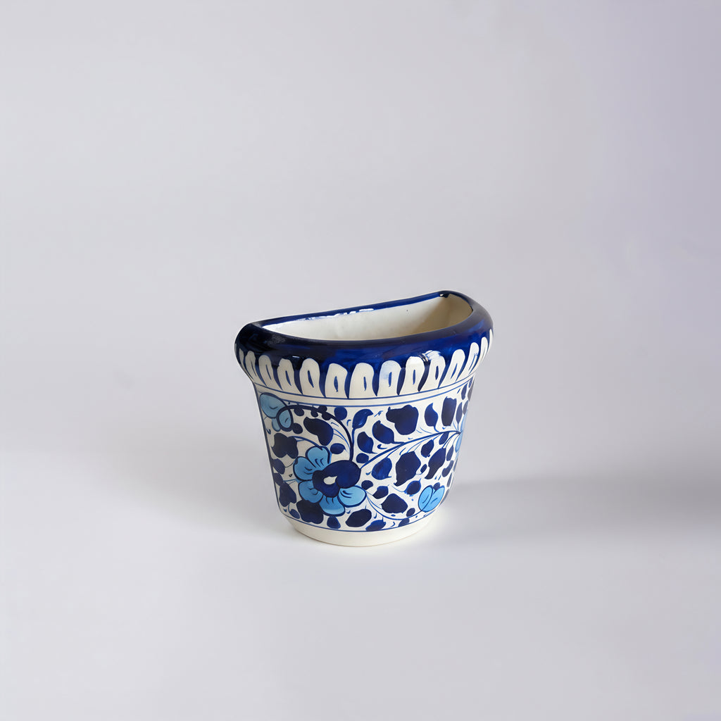 Blue Pottery Wall Planter — 5″ Multani Ceramic (Navy–Sky Floral)