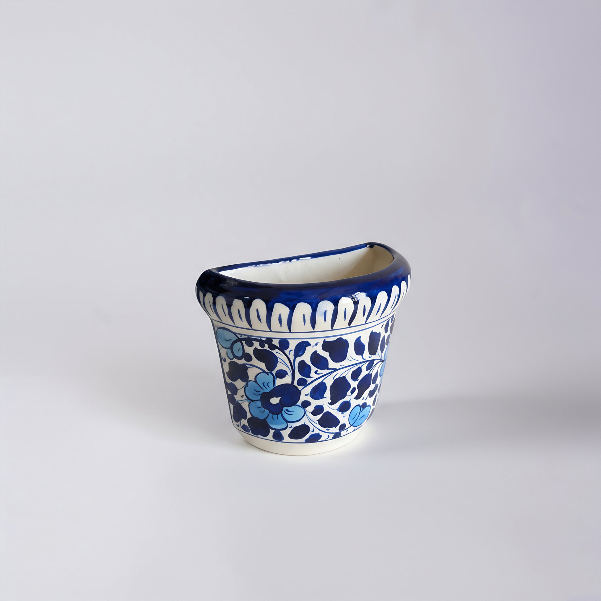 Blue Pottery Wall Planter — 5″ Multani Ceramic (Navy–Sky Floral)