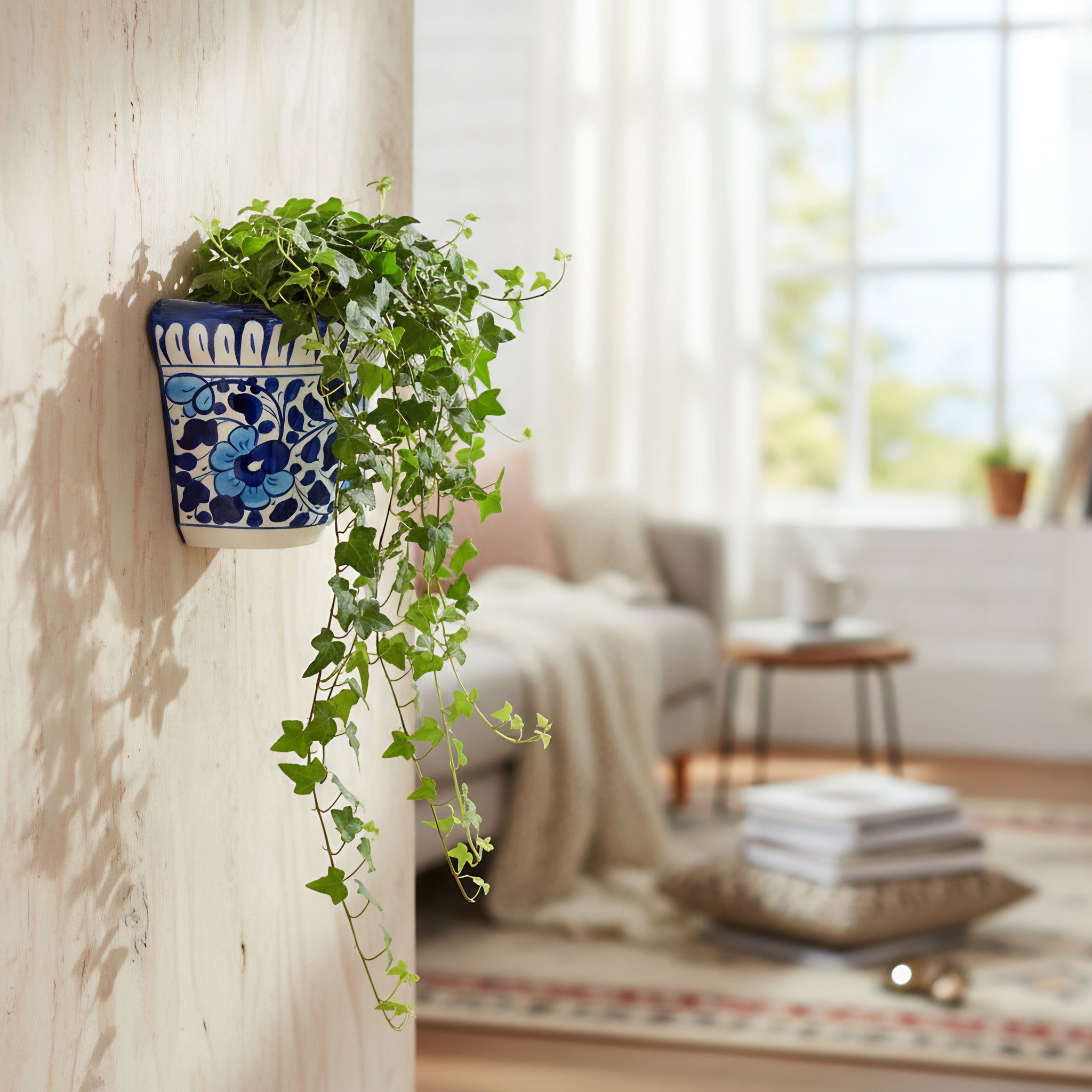 Blue Pottery Wall Planter — 5″ Multani Ceramic (Navy–Sky Floral)