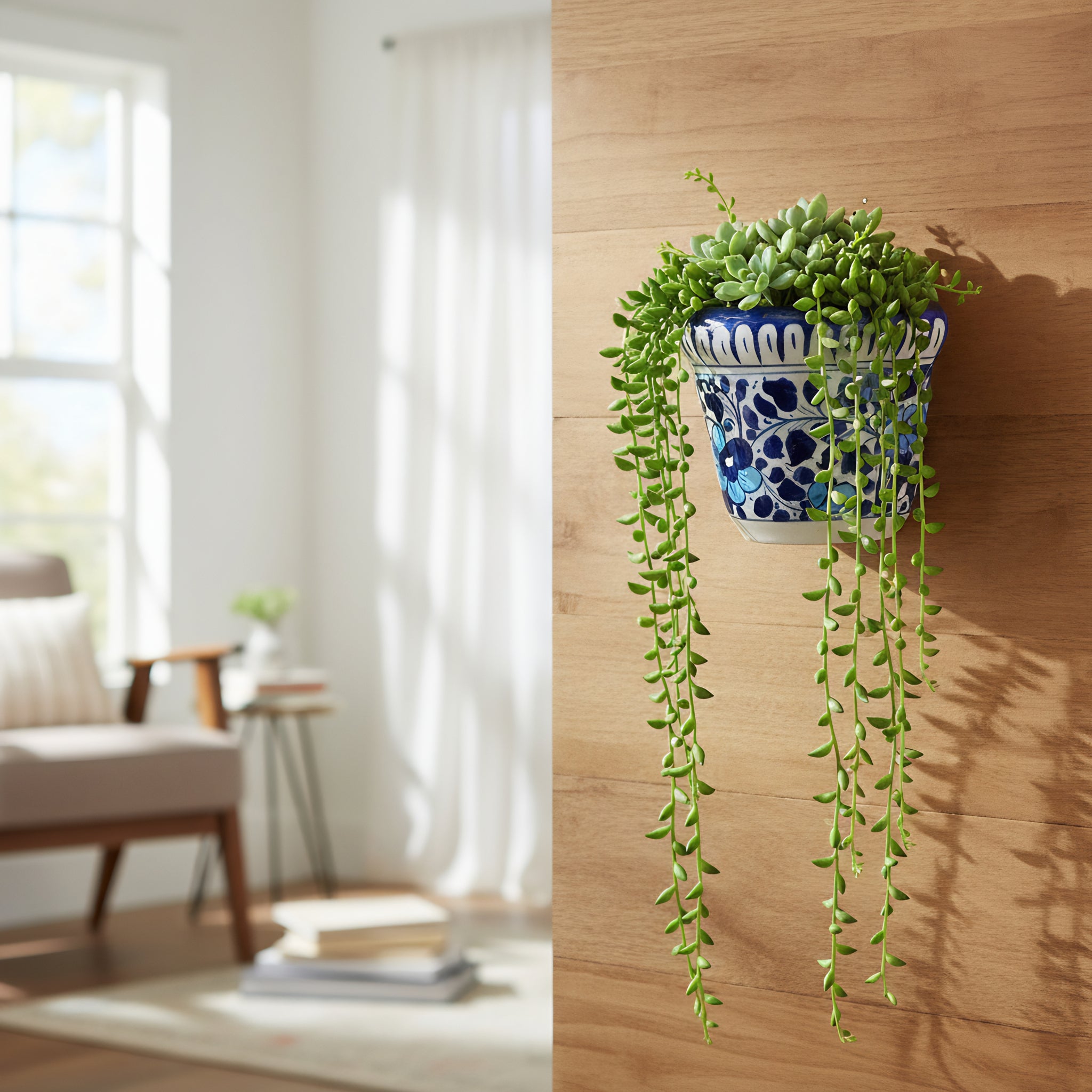 Blue Pottery Wall Planter — 5″ Multani Ceramic (Navy–Sky Floral)