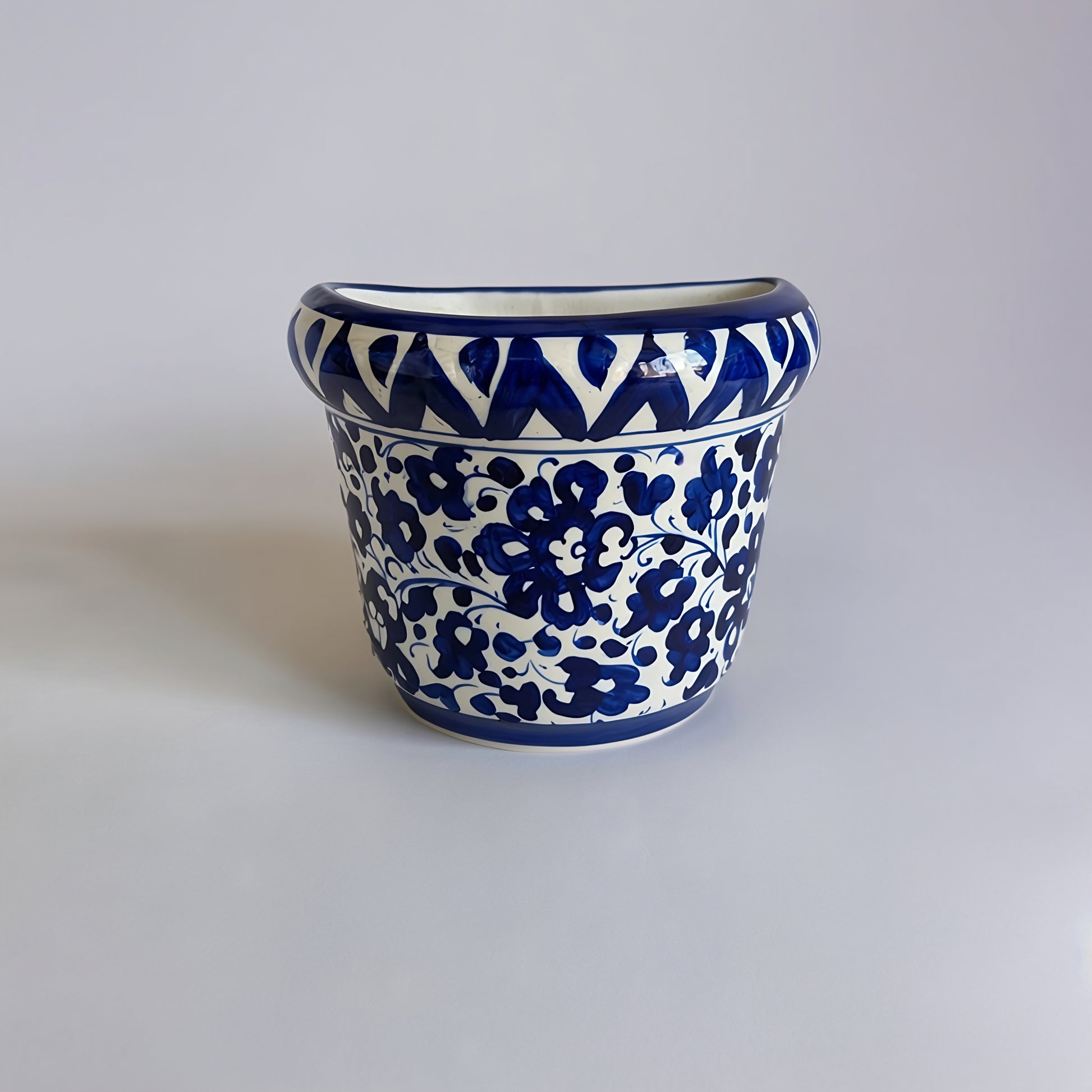 Blue Pottery Wall Planter — 5″ Multani Ceramic (Navy Blossom Motif)