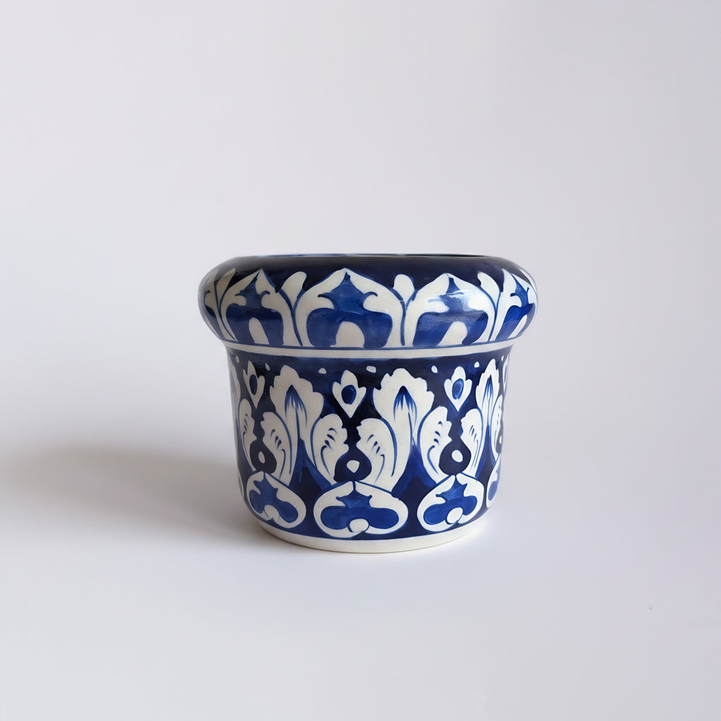 Handmade Blue Pottery Cobalt Arabesque Planter – 5 Inch Ceramic