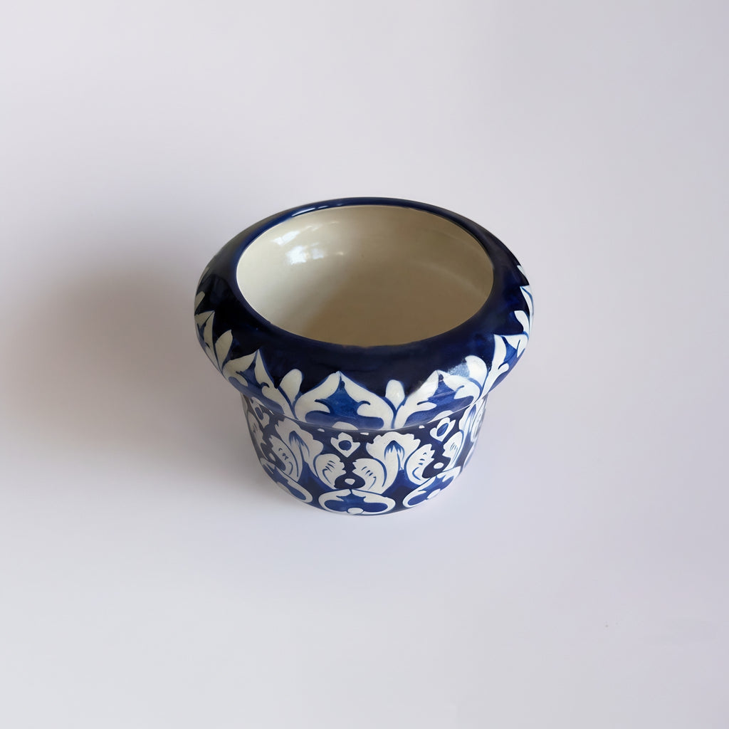 Handmade Blue Pottery Cobalt Arabesque Planter – 5 Inch Ceramic