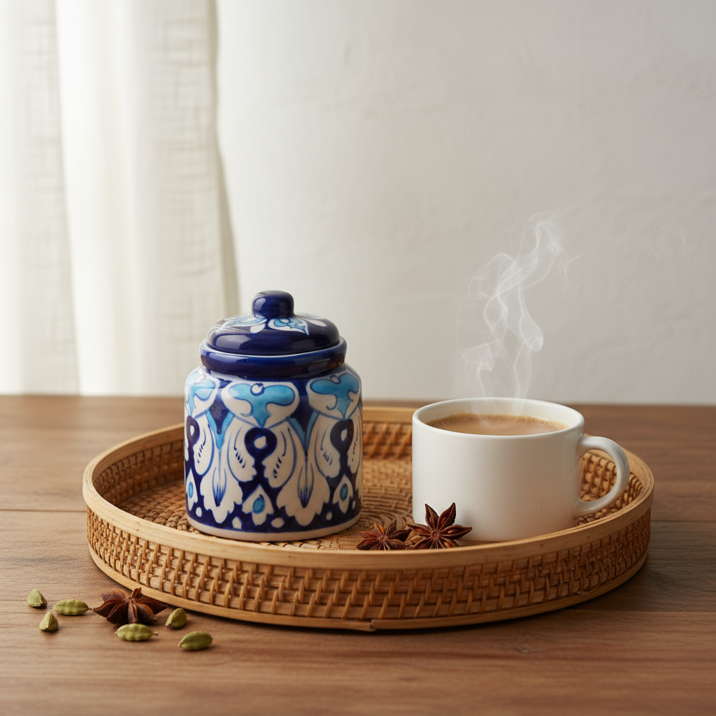 Blue ceramic decorative jar with floral motifs — handmade Multani pottery — Craftan Pakistan