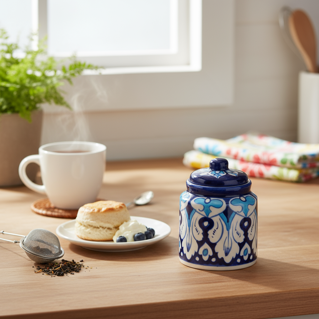 Small Blue Pottery Jar with Lid – Hand-Painted Multani Ceramic (4″ × 3″)