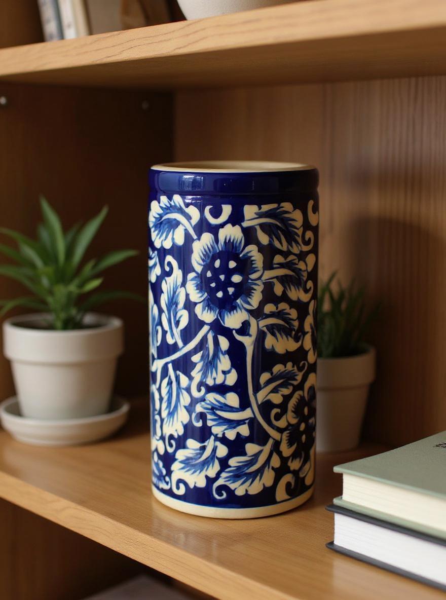 A blue and white floral-patterned Multani Blue Pottery vase sits on a wooden shelf alongside plants and books.